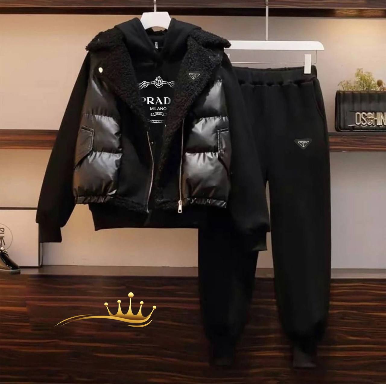 Prada İthal 3 İplik Şardonlu Teddy Kuzu Detaylı Yelek Spor 3 lü Takım