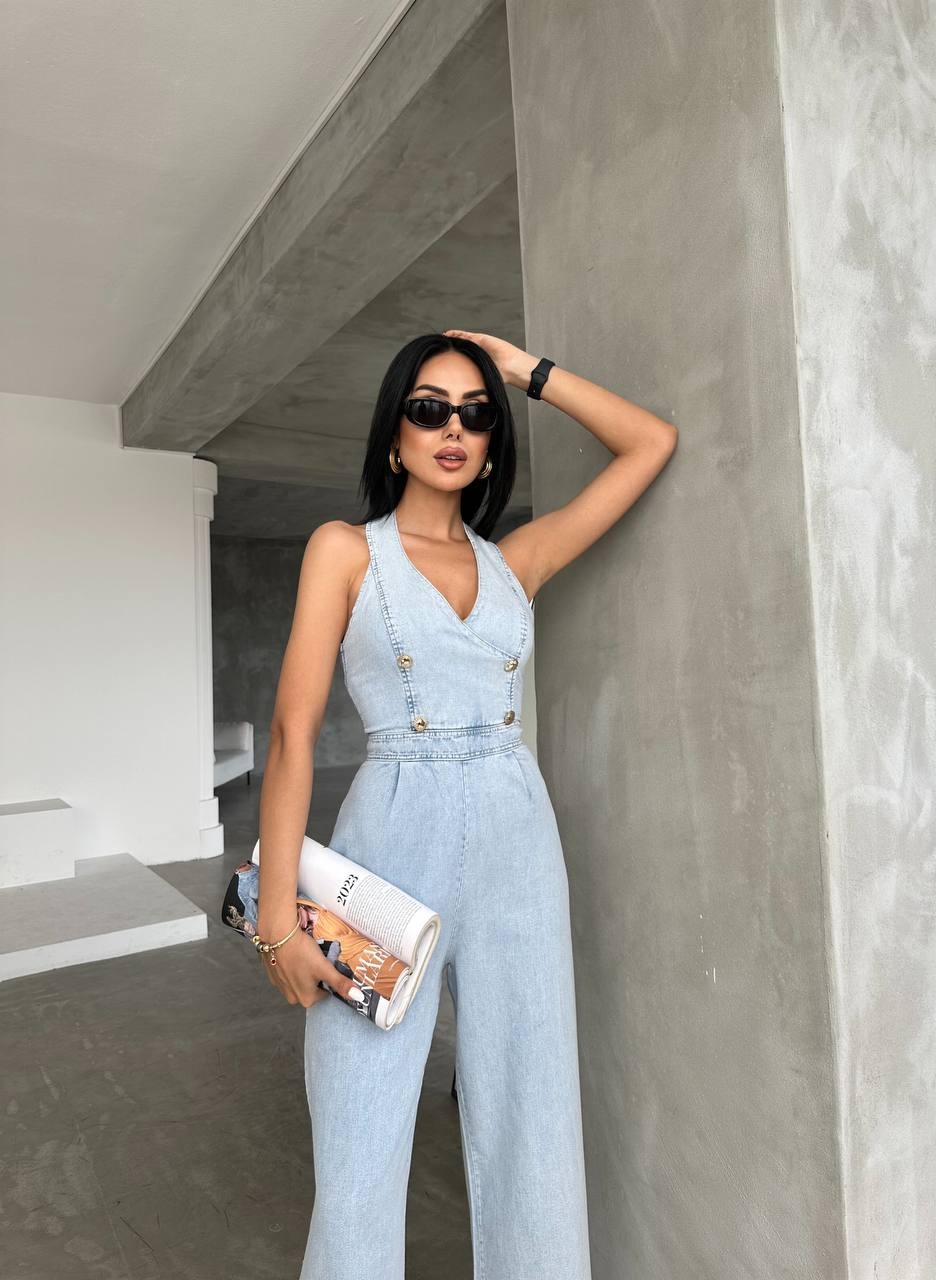 Tensel Denim Kot Tulum  Gold Düğme Detay  İki Renk Boyundan Düğmelidir 