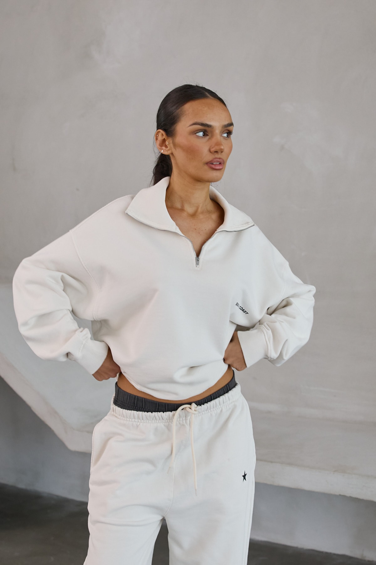 Fermuarlı Sweatshirt - Ekru