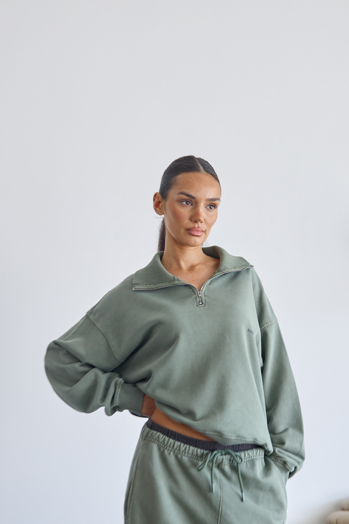 Fermuarlı Sweatshirt - Haki Yeşil