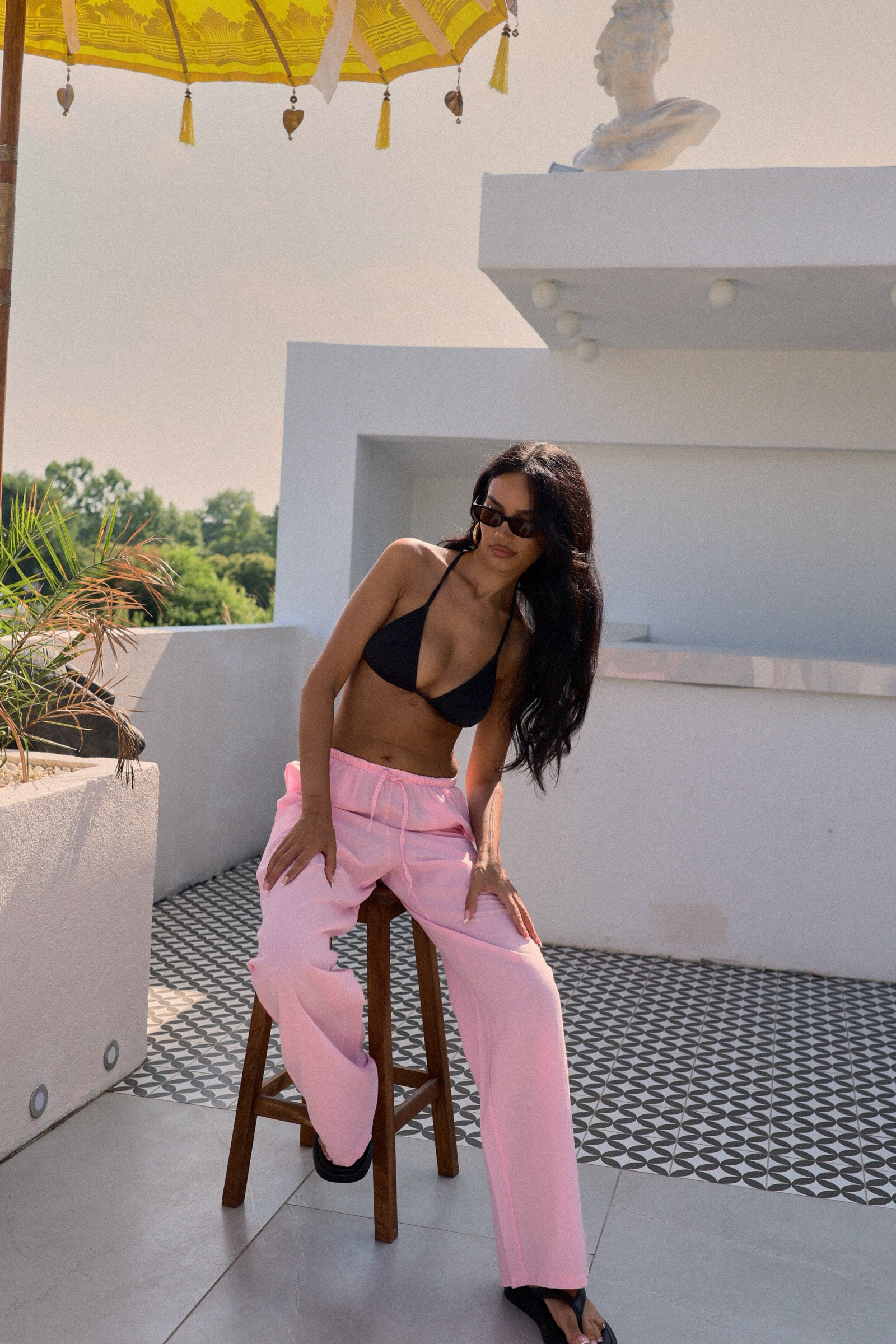 İnce Kemerli Keten Pantolon - Pembe