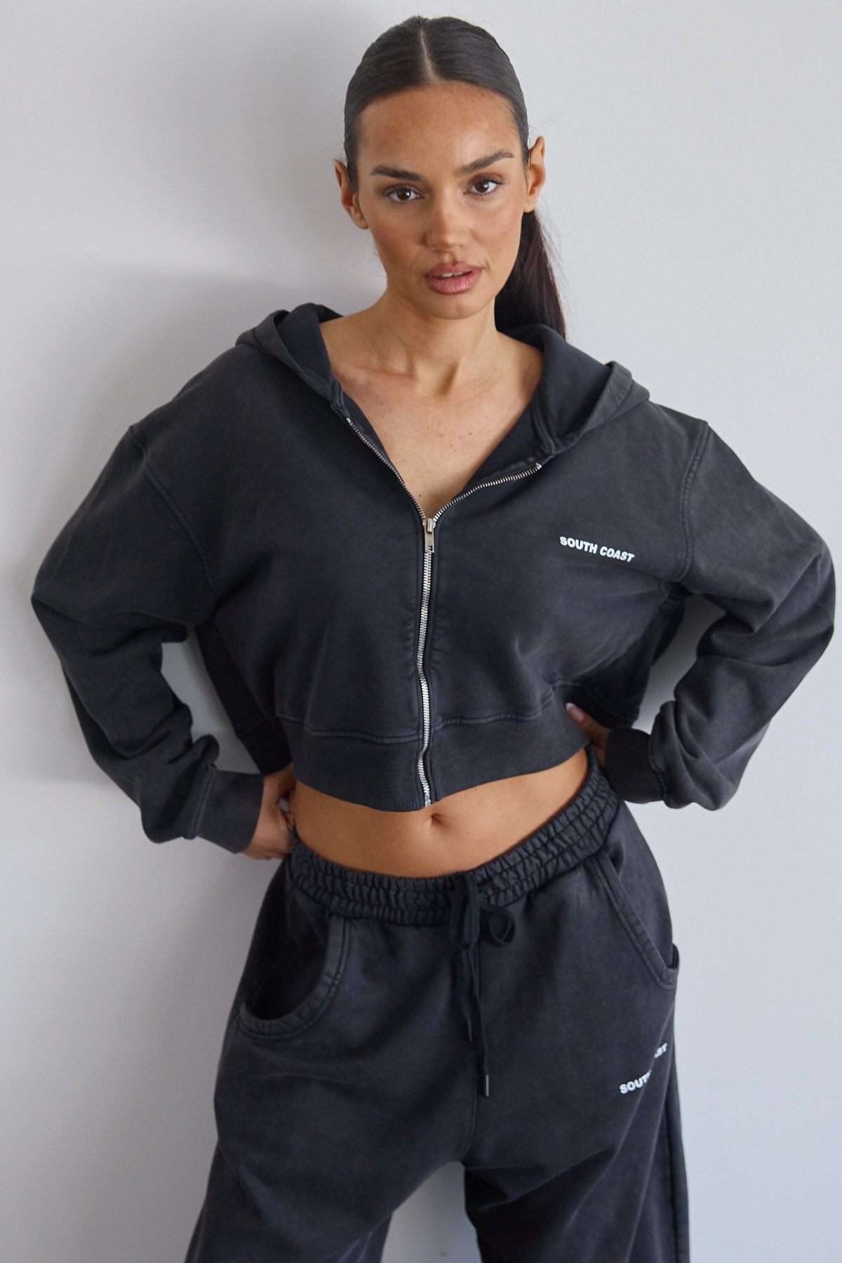 Soluk Efektli Crop Hoodie Ve Sweatpants Takım - Siyah