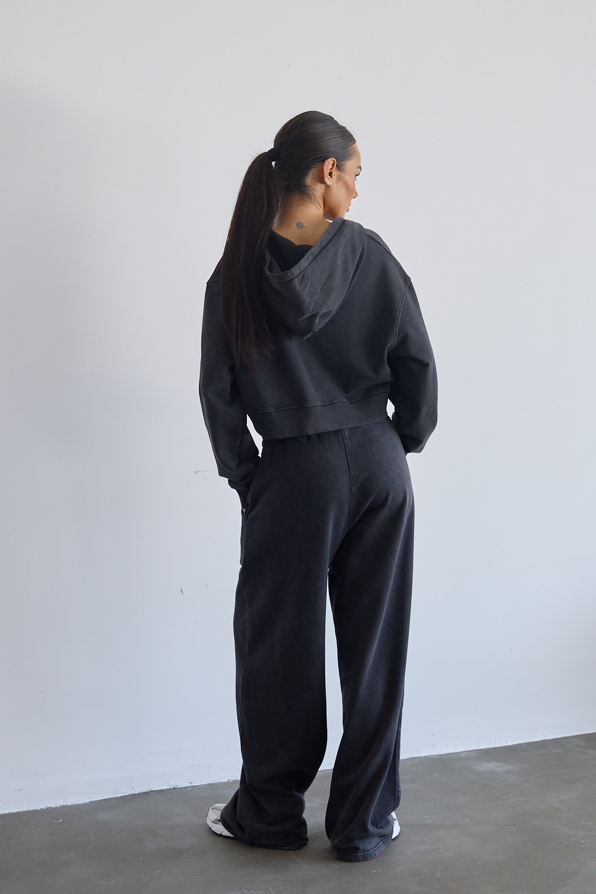 Soluk Efektli Crop Hoodie Ve Sweatpants Takım