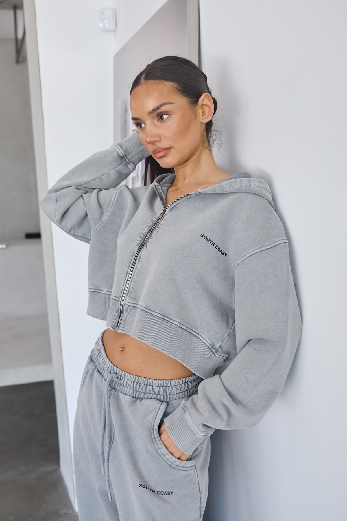 Soluk Efektli Crop Hoodie - Gri