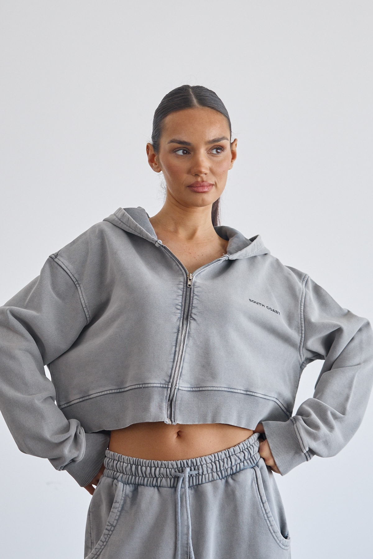 Soluk Efektli Crop Hoodie Ve Sweatpants Takım - Gri