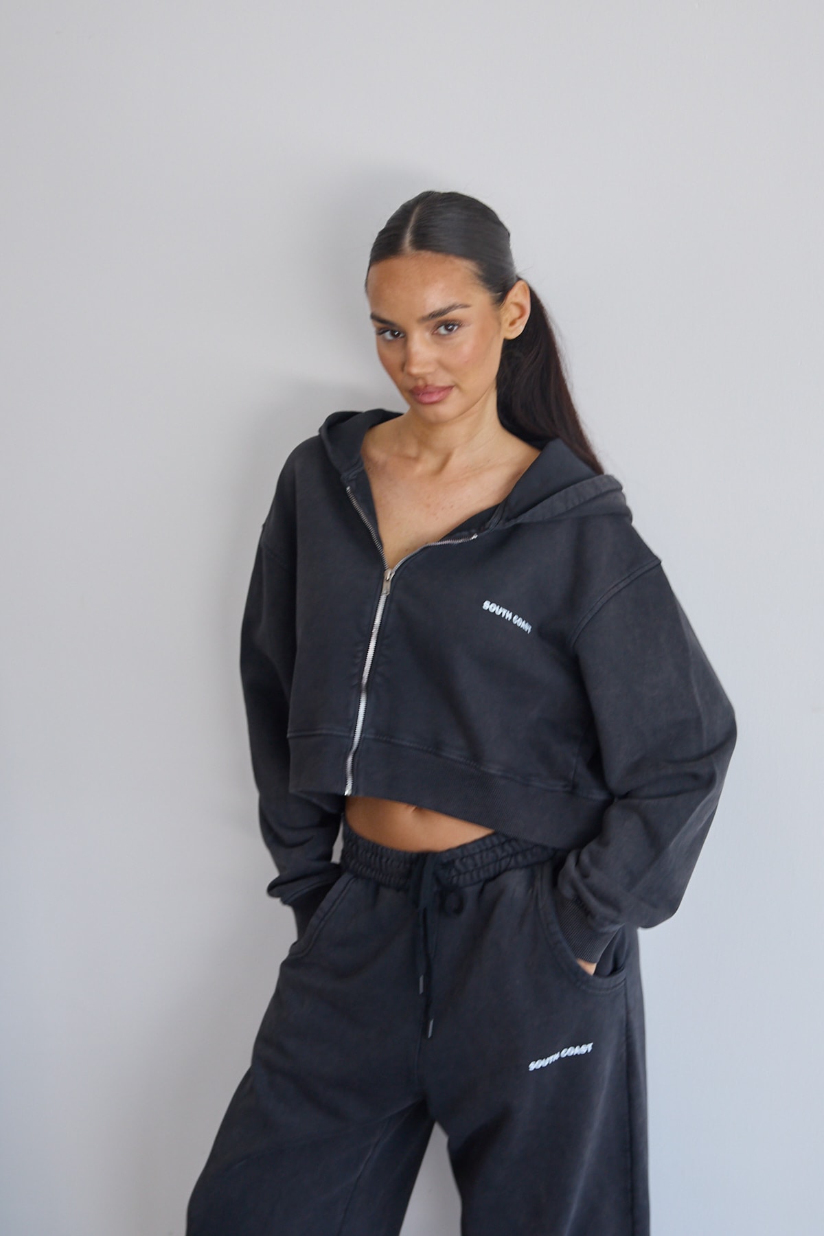 Soluk Efektli Crop Hoodie - Siyah