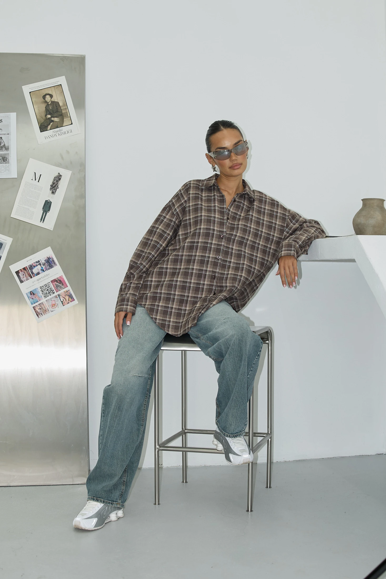 Ekose Oversize Gömlek - Kahverengi