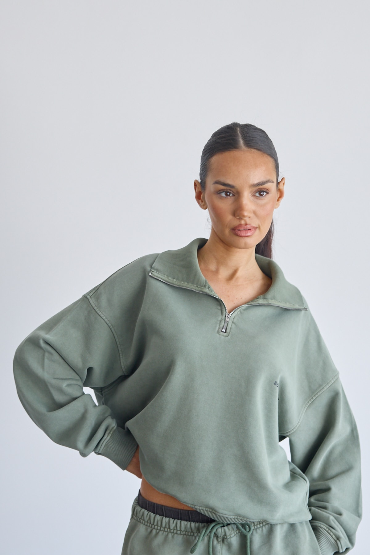 Fermuarlı Sweatshirt Ve Sweatpants Takım - Haki Yeşil