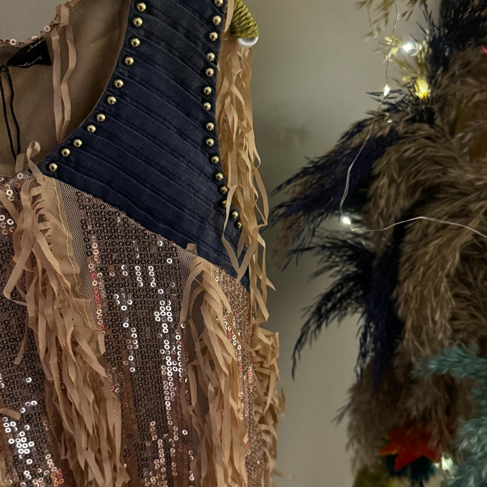 Denim Detaylı Pullu Saçaklı Elbise