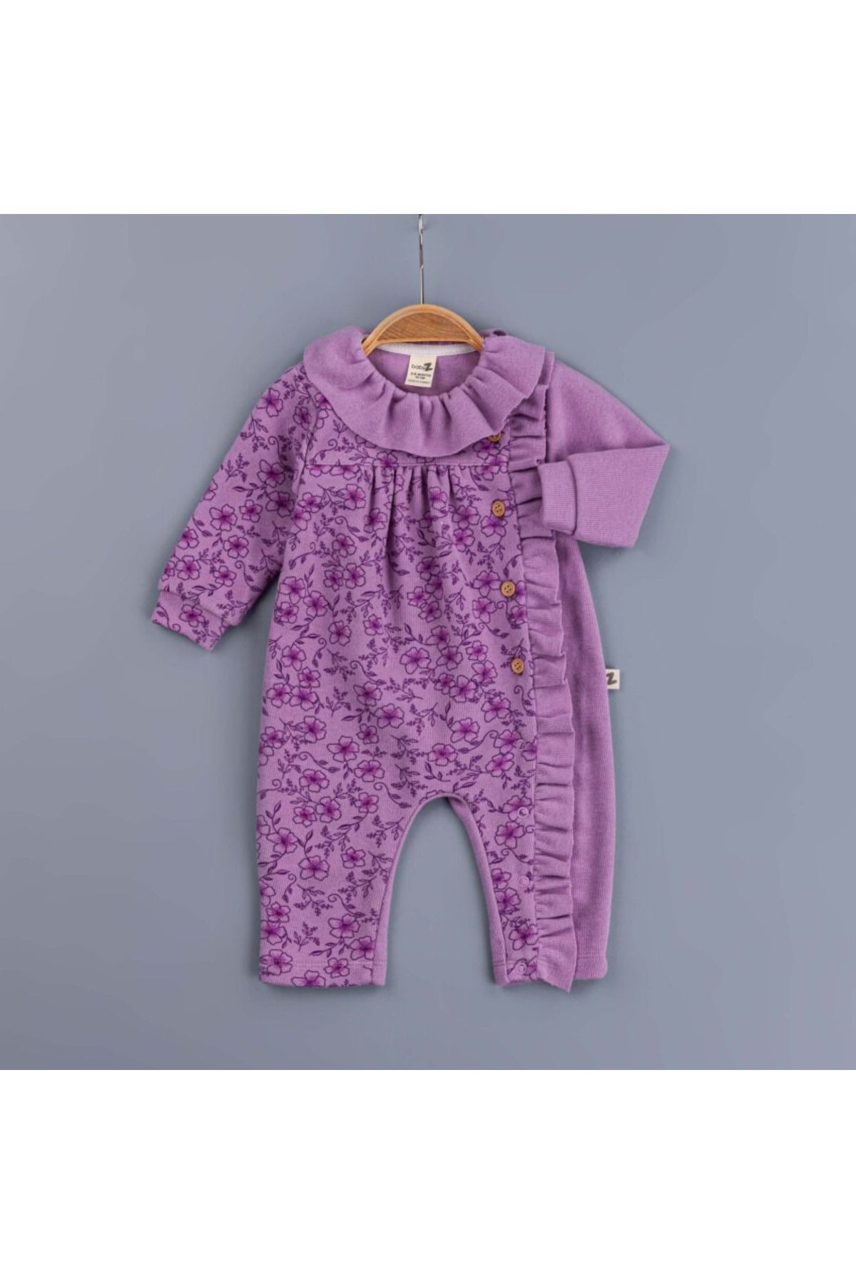 BabyZ Lila Çiçek Desenli Rüşem Detaylı Kız Bebek Tulumu - 3-12 Ay
