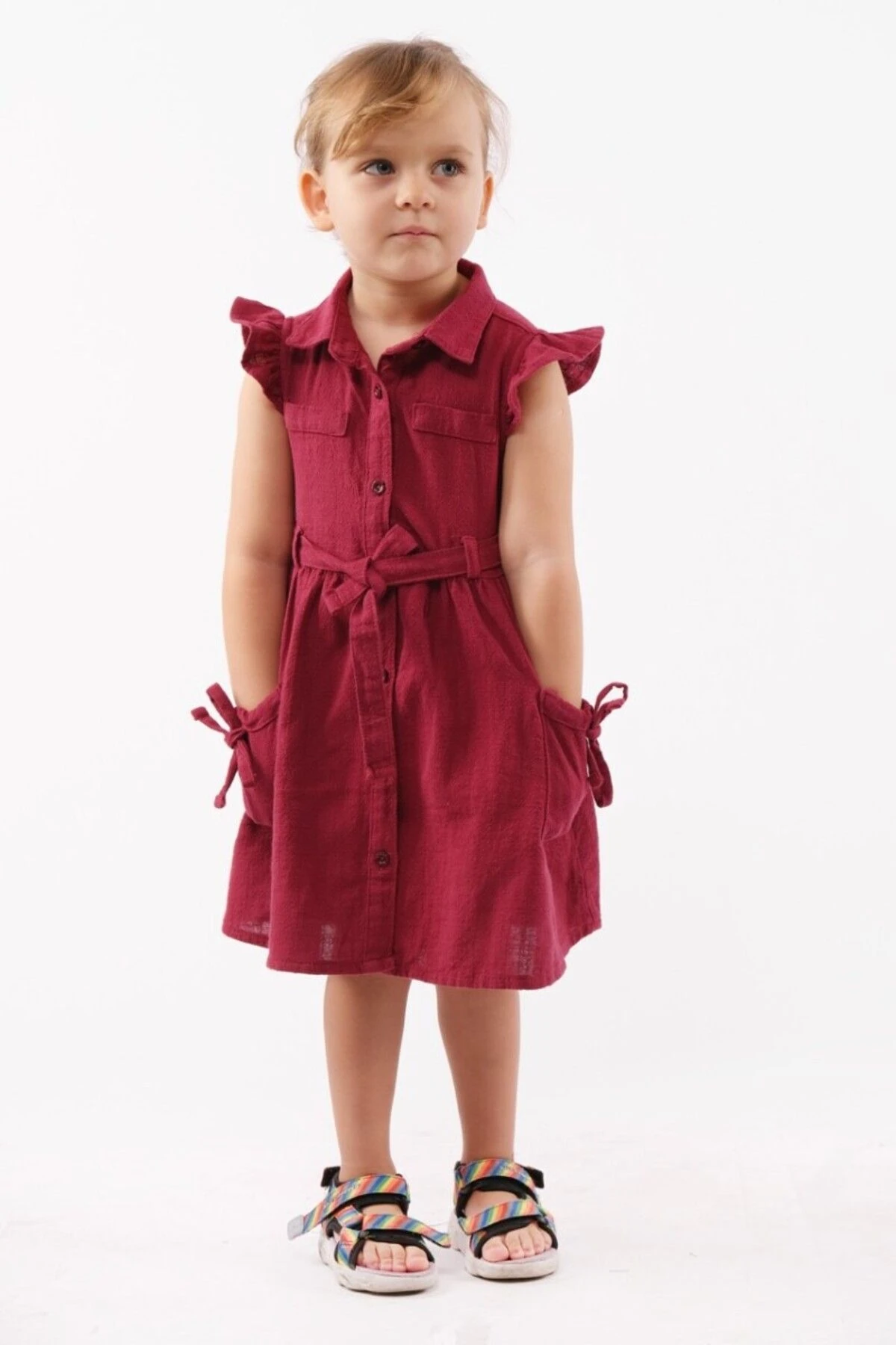 Bordo Cep Detaylı ve Kemerli Şirin Kız Çocuk Elbisesi
