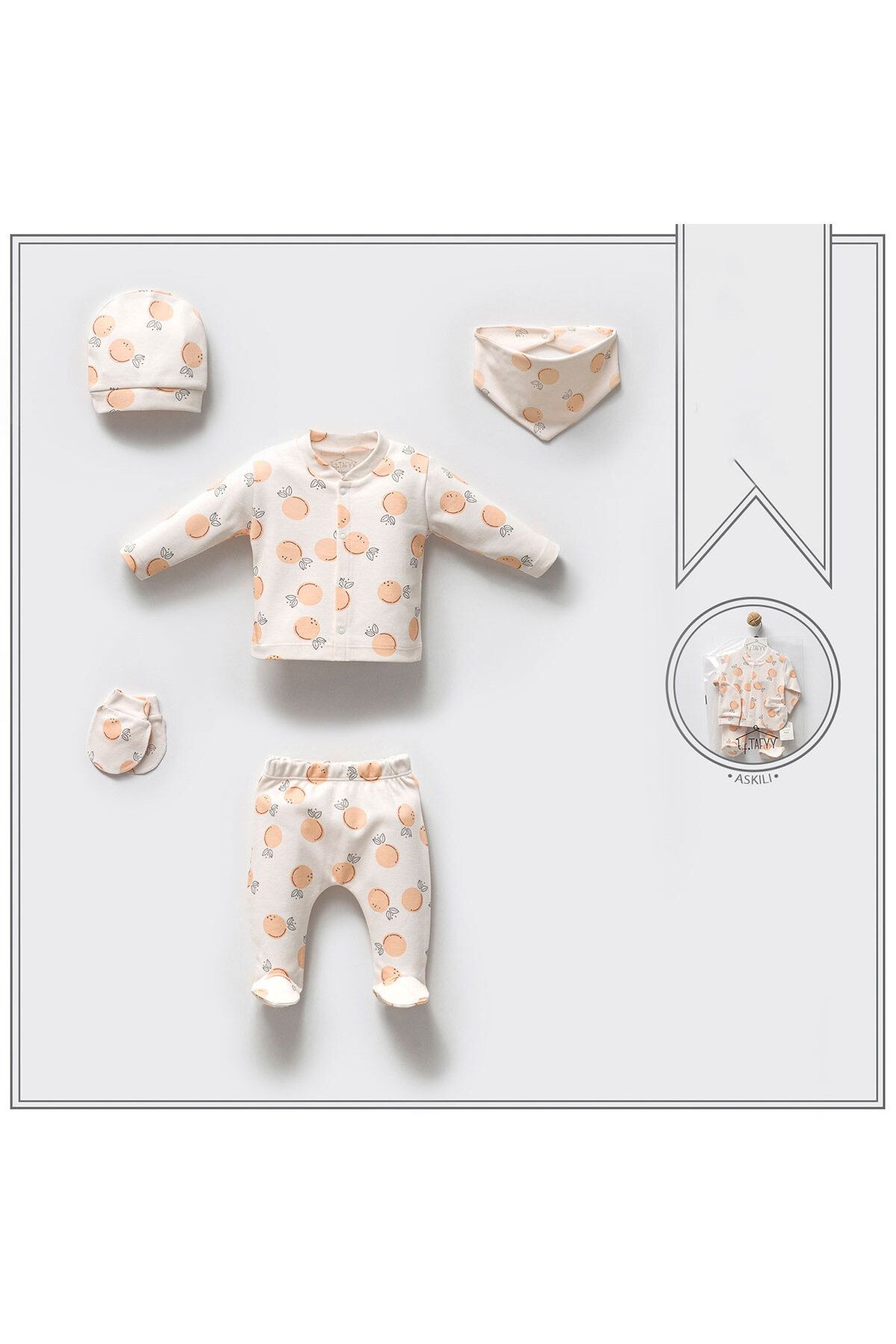 Portakal Desenli Yenidoğan Unisex Bebek Hastane Çıkışı 5'li Set