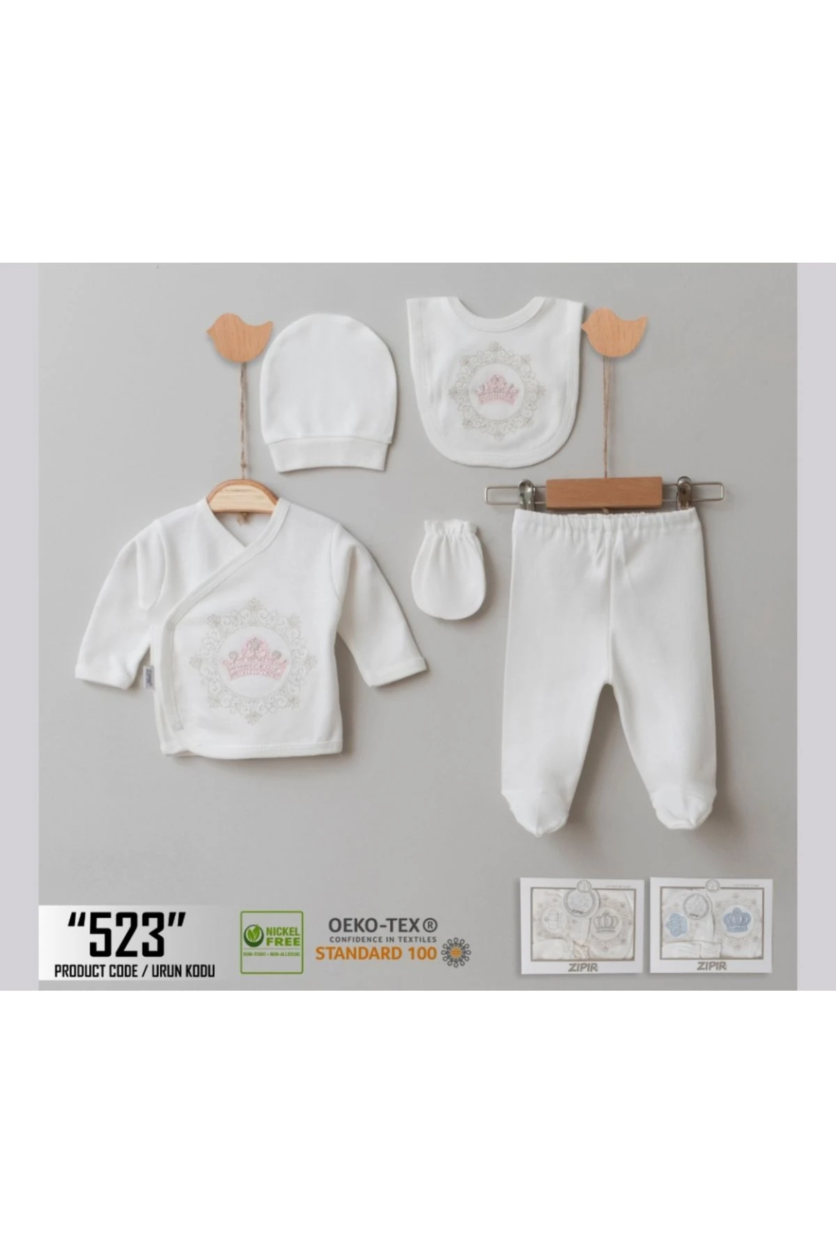 Özel Tasarım Pamuklu Beyaz Taç Baskılı Lüks 5 Parça Bebek Hastane Çıkış Seti