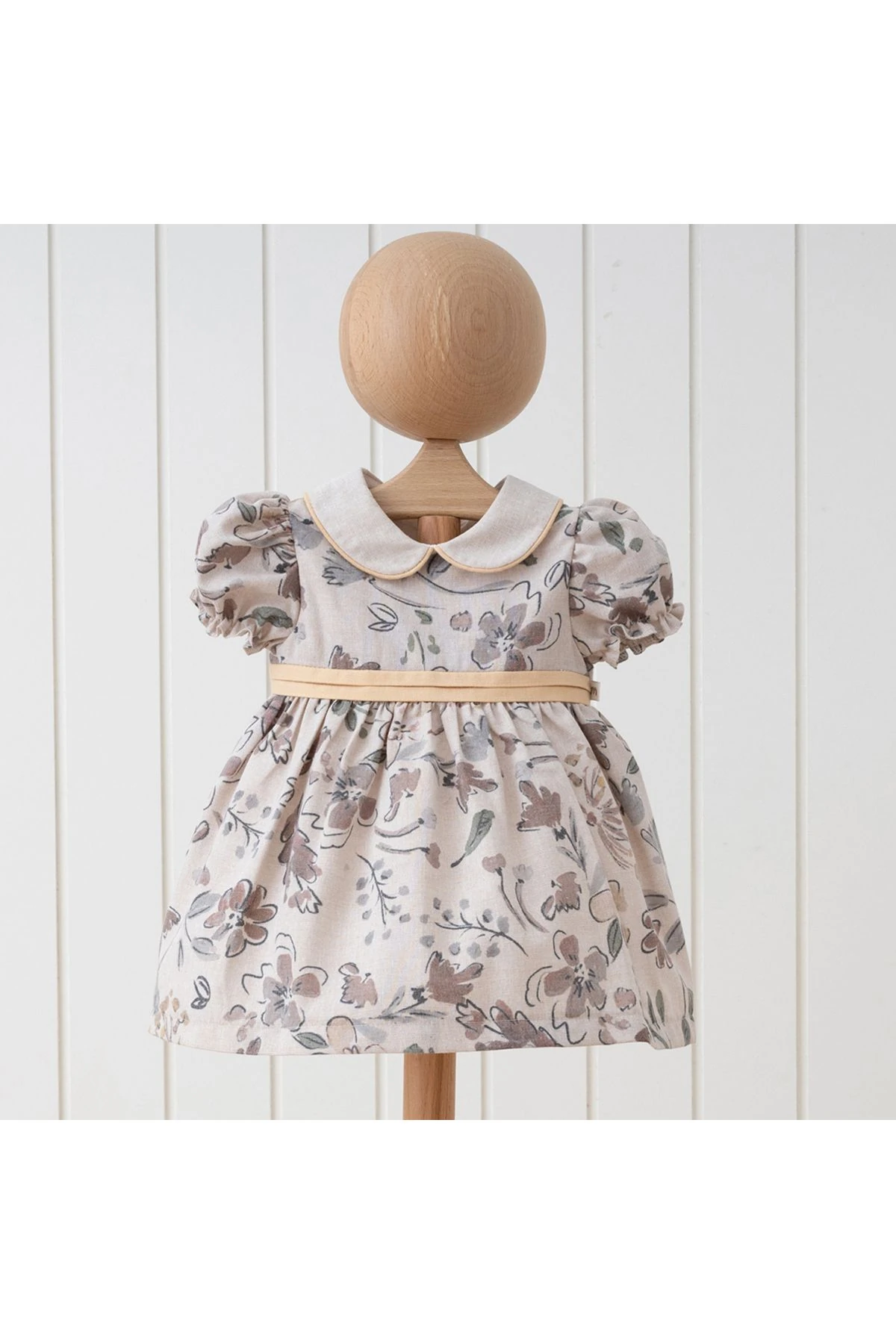 vintage Çiçek Baskılı Pamuklu Bebek Elbisesi - Peter Pan Yaka