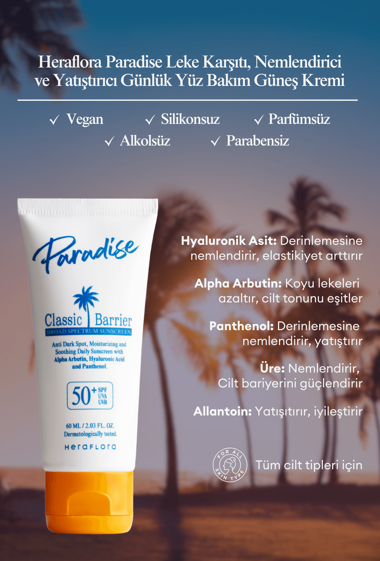 Paradise Güneş Kremi 50 Spf Leke Karşıtı, Nemlendirici, Yatıştırıcı