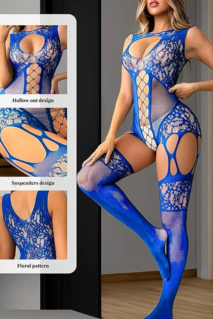 Mavi Jartiyer Görünümlü Vücut Çorabı