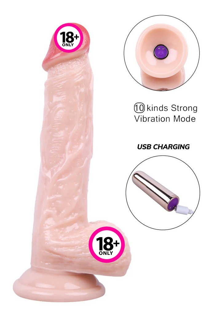 Kablosuz Titreşimli USB Şarjlı Realistik Vibratör - 19 cm - Ten Rengi