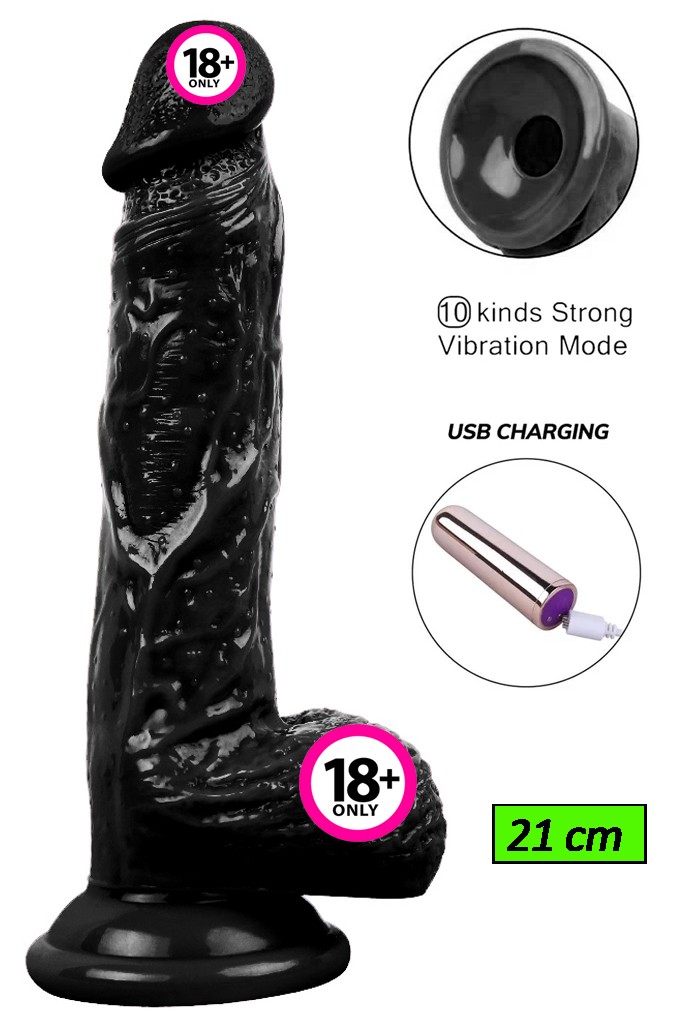 Kablosuz Titreşimli USB Şarjlı Realistik Vibratör - 21 cm - Siyah