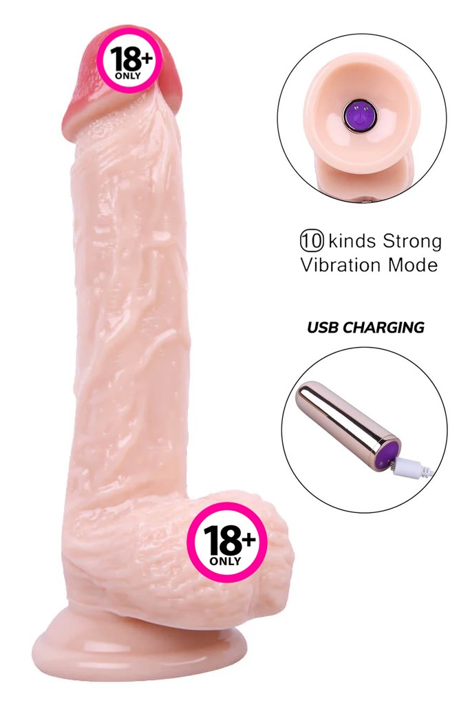 Kablosuz Titreşimli USB Şarjlı Realistik Vibratör - 21 cm - Ten Rengi