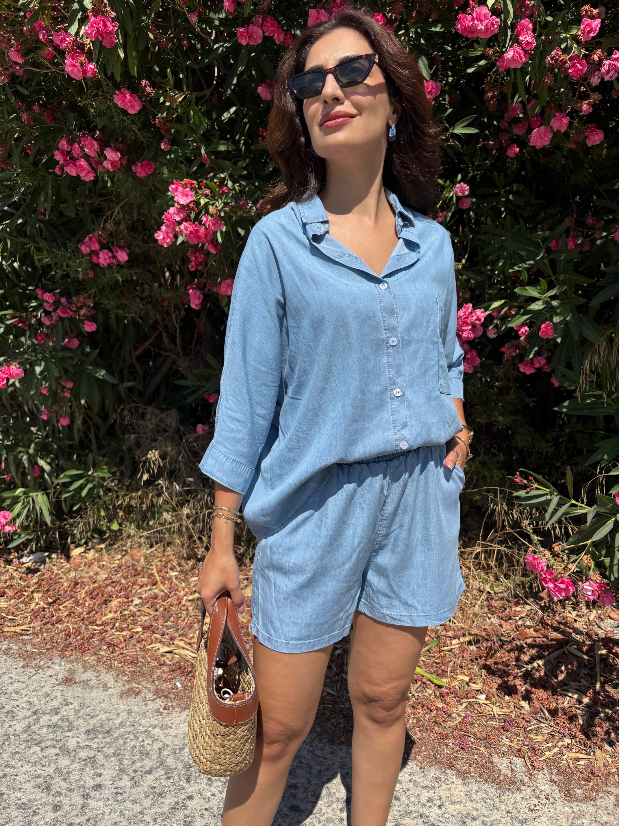 Denim Tencel Gömlek Şort Takım