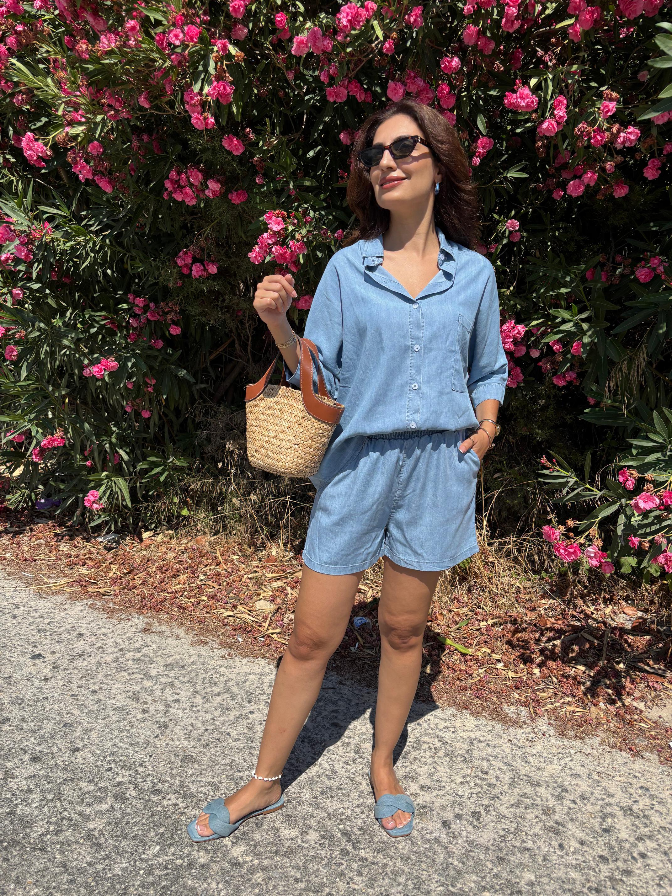 Denim Tencel Gömlek Şort Takım