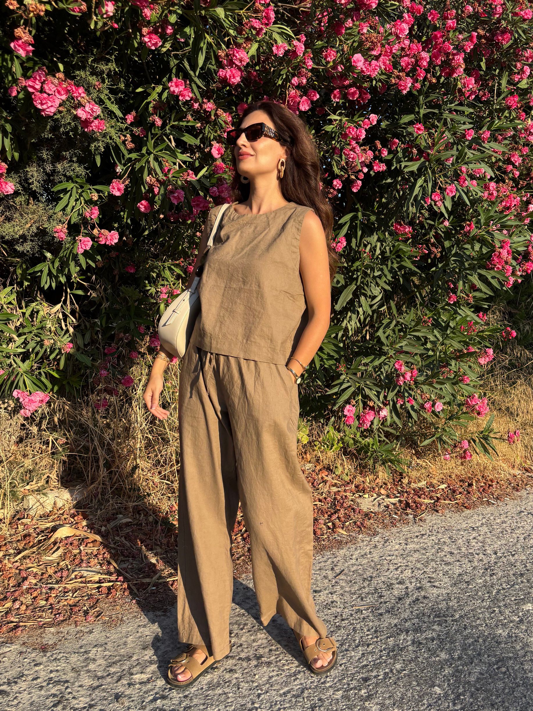 Kolsuz Keten Bluz Pantolon Takım
