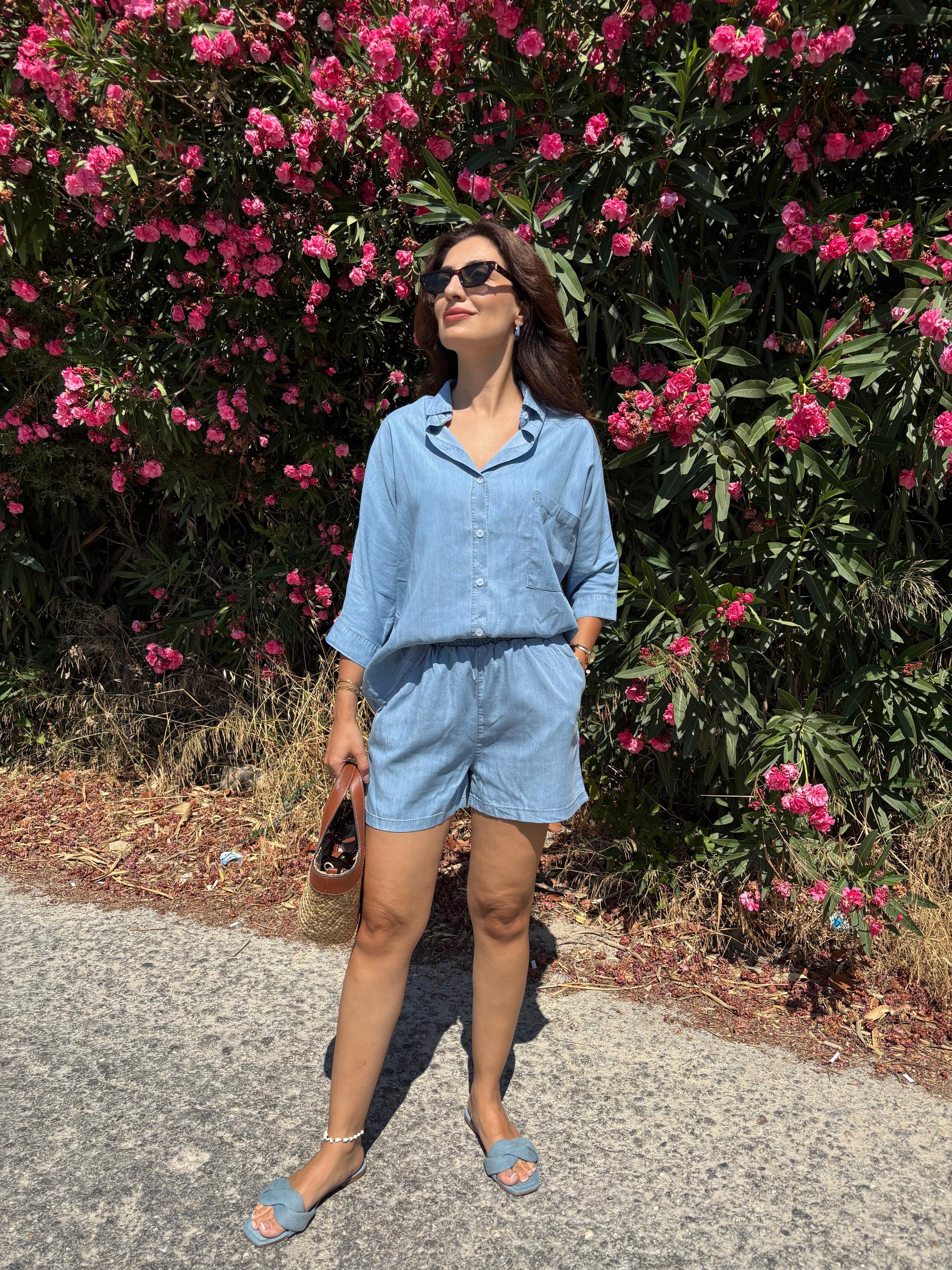 Denim Tencel Gömlek Şort Takım