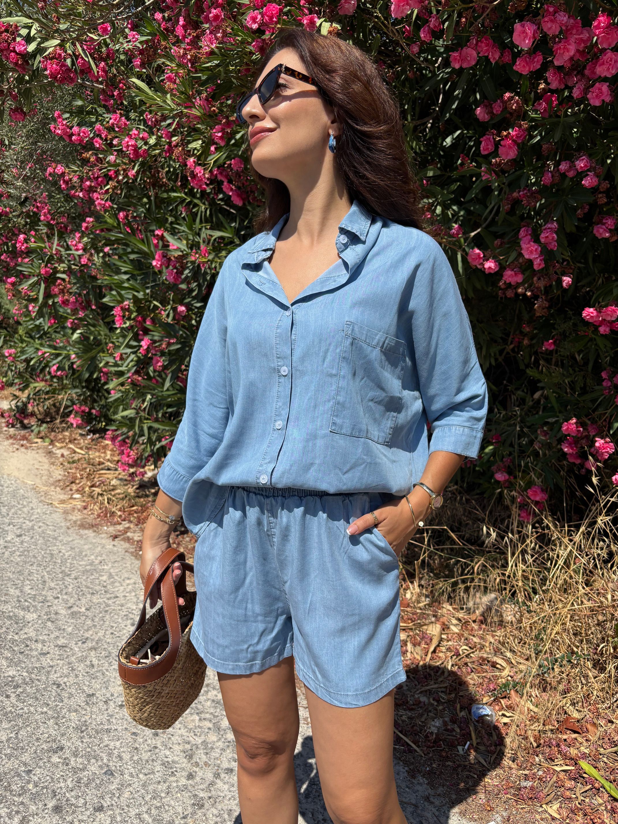 Denim Tencel Gömlek Şort Takım