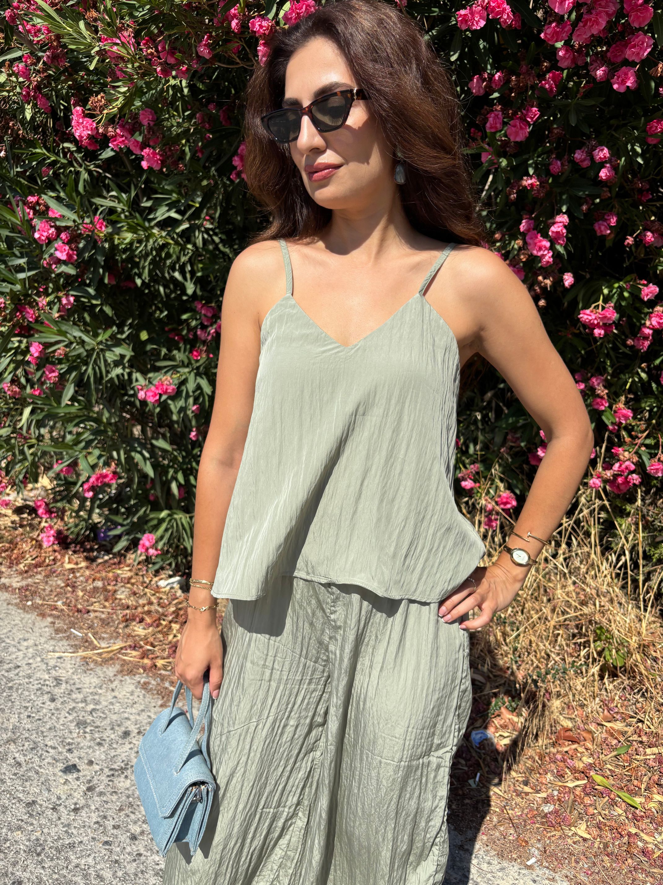 İp Askılı Kırışık Bluz Pantolon Takım