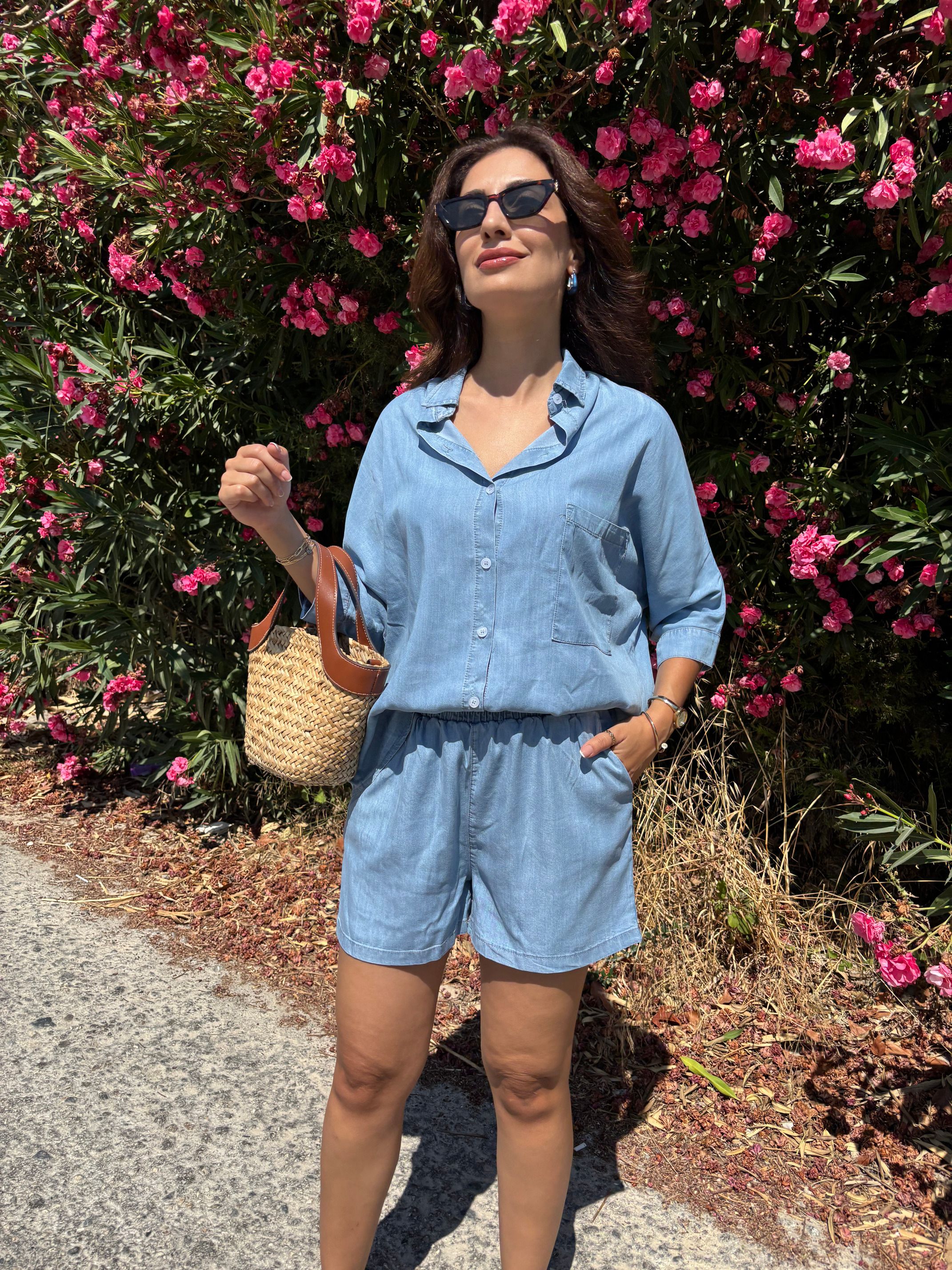 Denim Tencel Gömlek Şort Takım