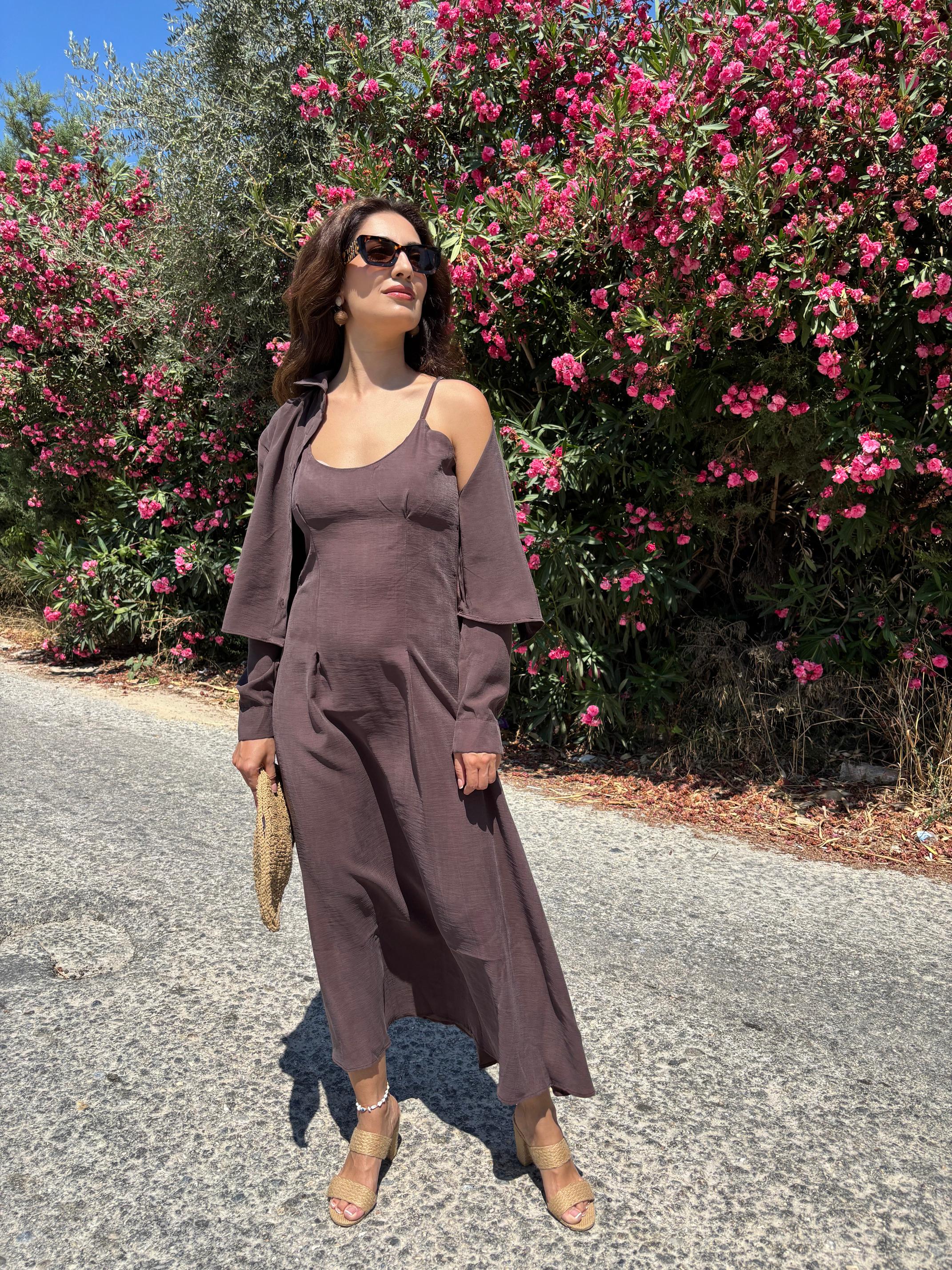 Tencel Gömlek Elbise Takım - Kahve