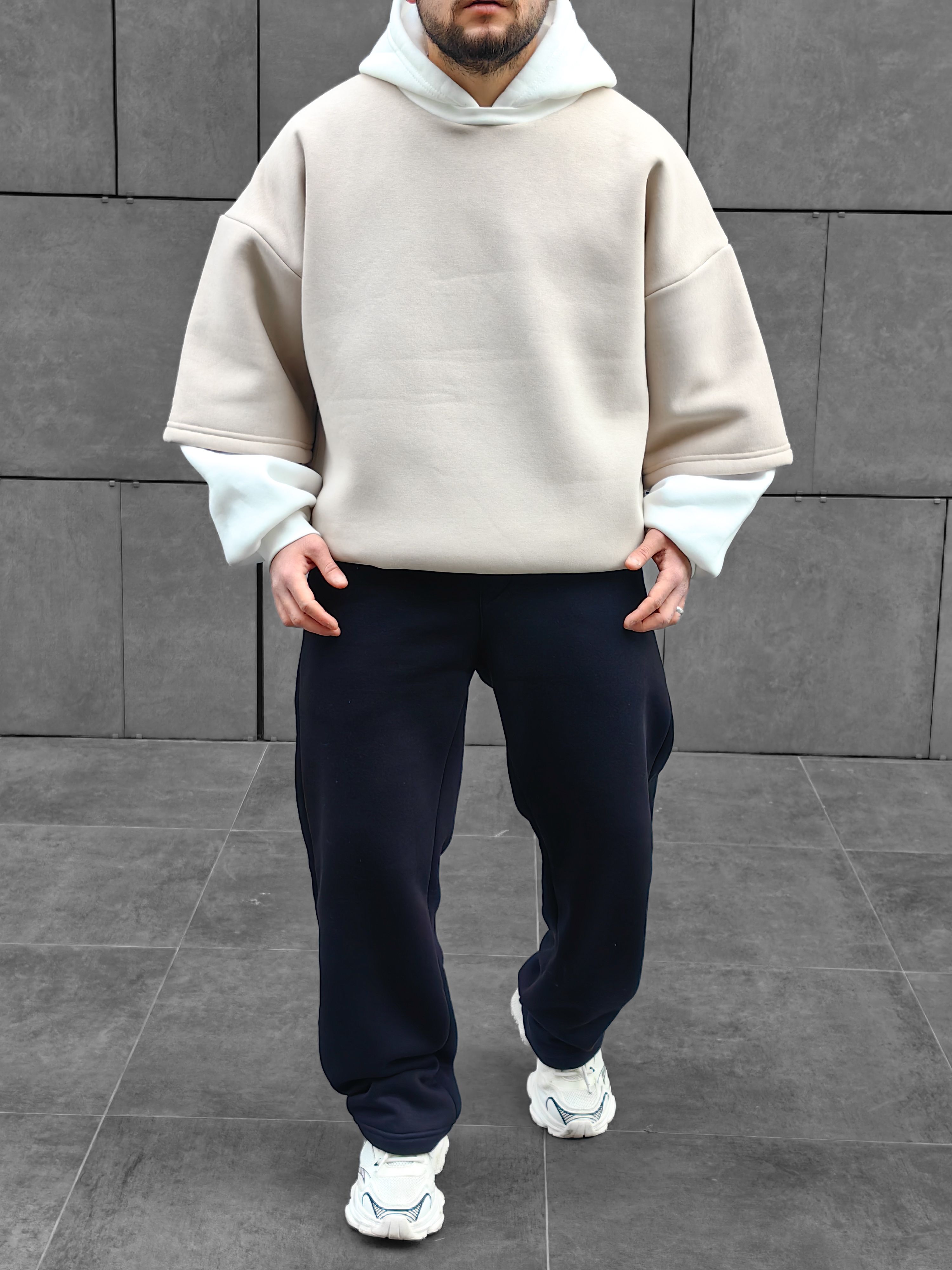 Bej Çift Katlı Basic Extra Oversize Hoodie