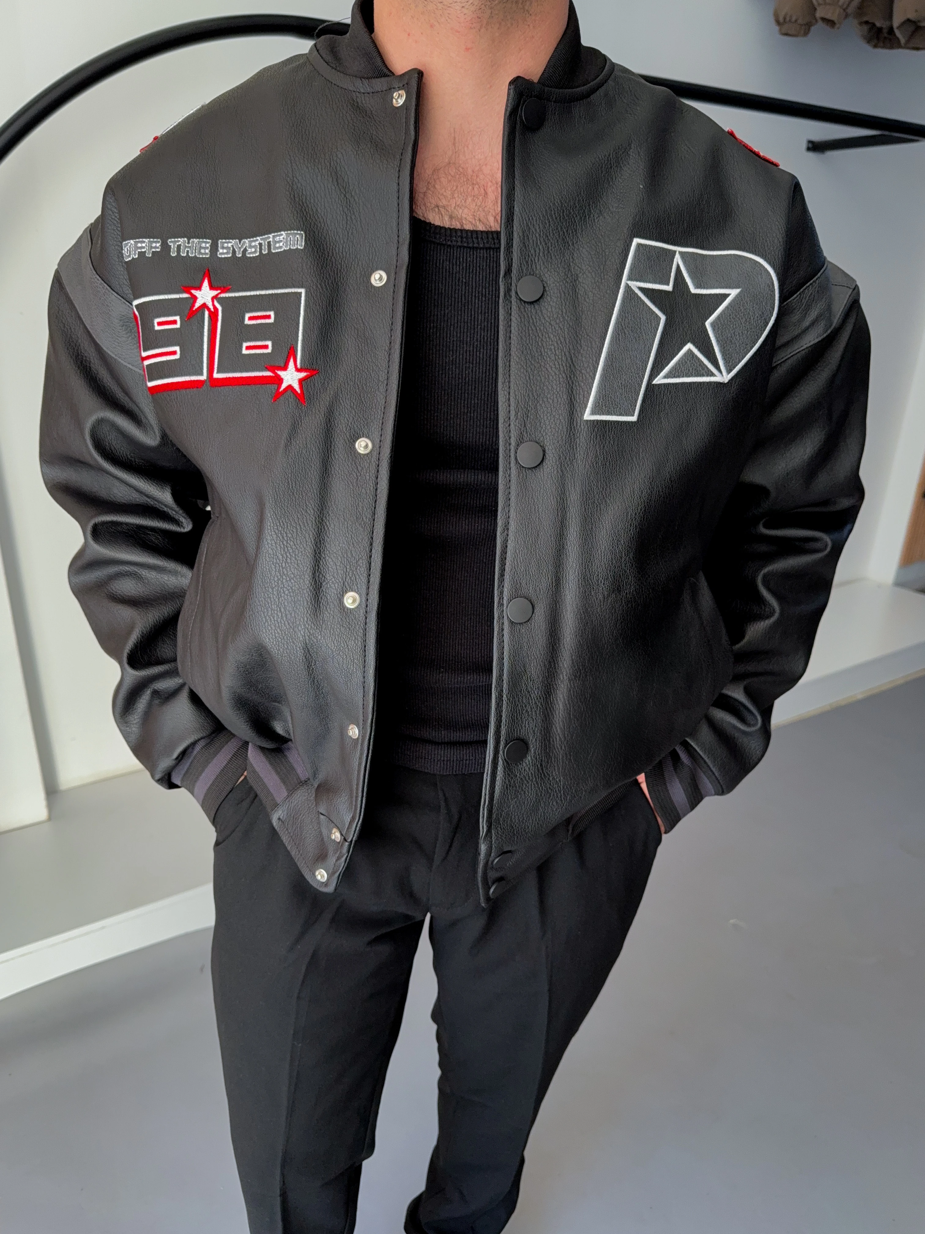 Oversize Bomber Armali Siyah Deri Kolej Montu (Premium Ürün)