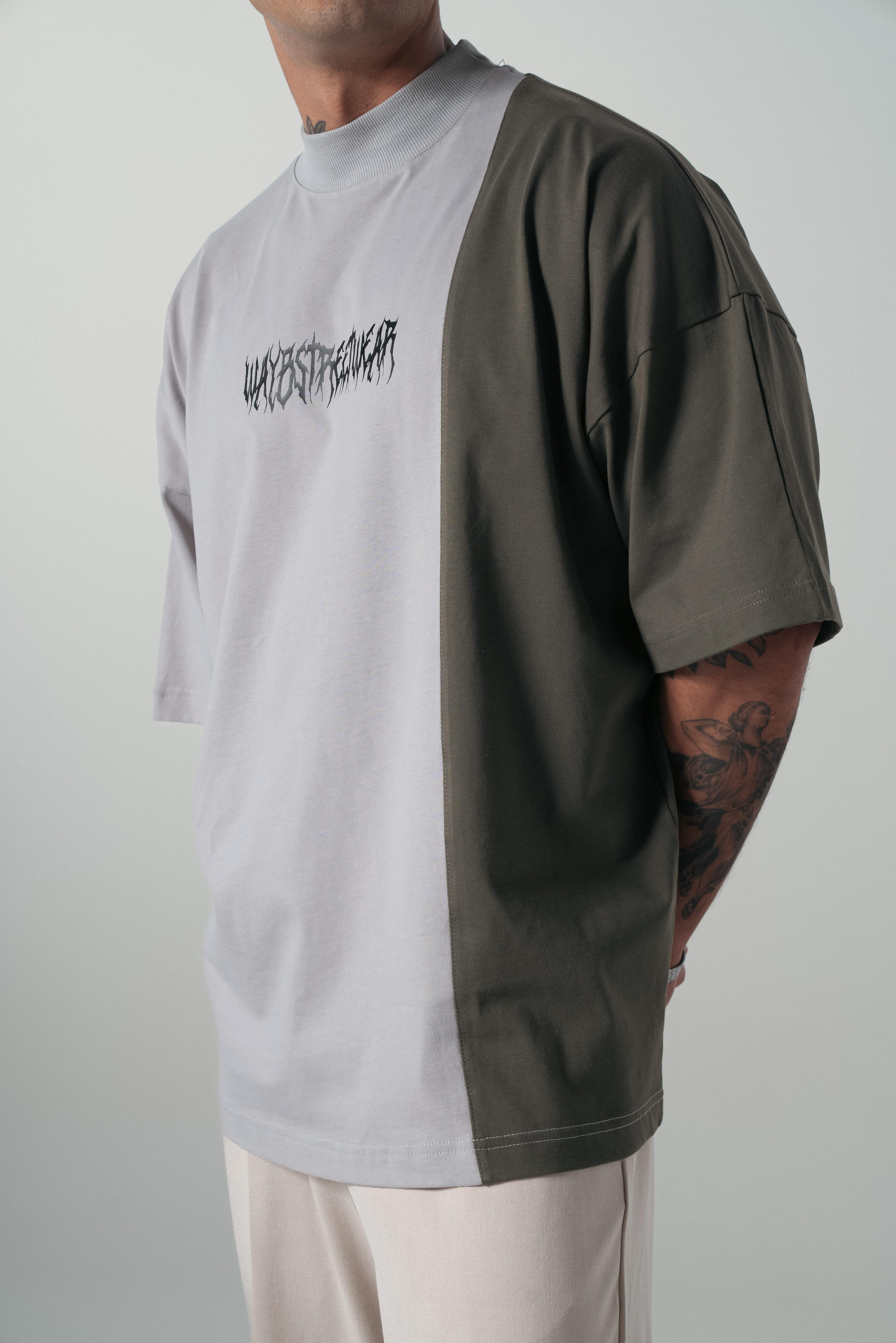 Haki/Gri Parçalı Extra Oversize Boğazlı Tshirt 