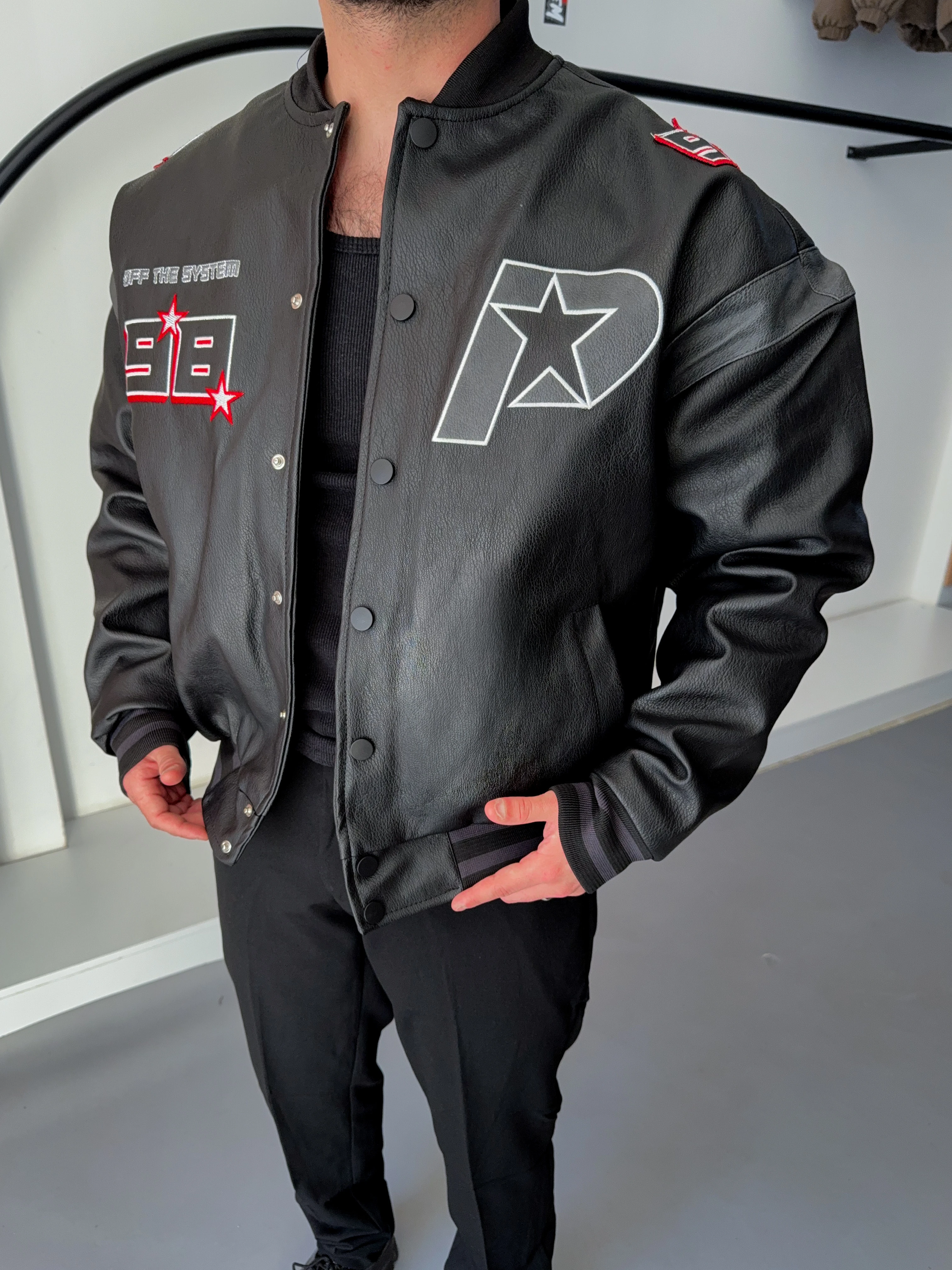 Oversize Bomber Armali Siyah Deri Kolej Montu (Premium Ürün)