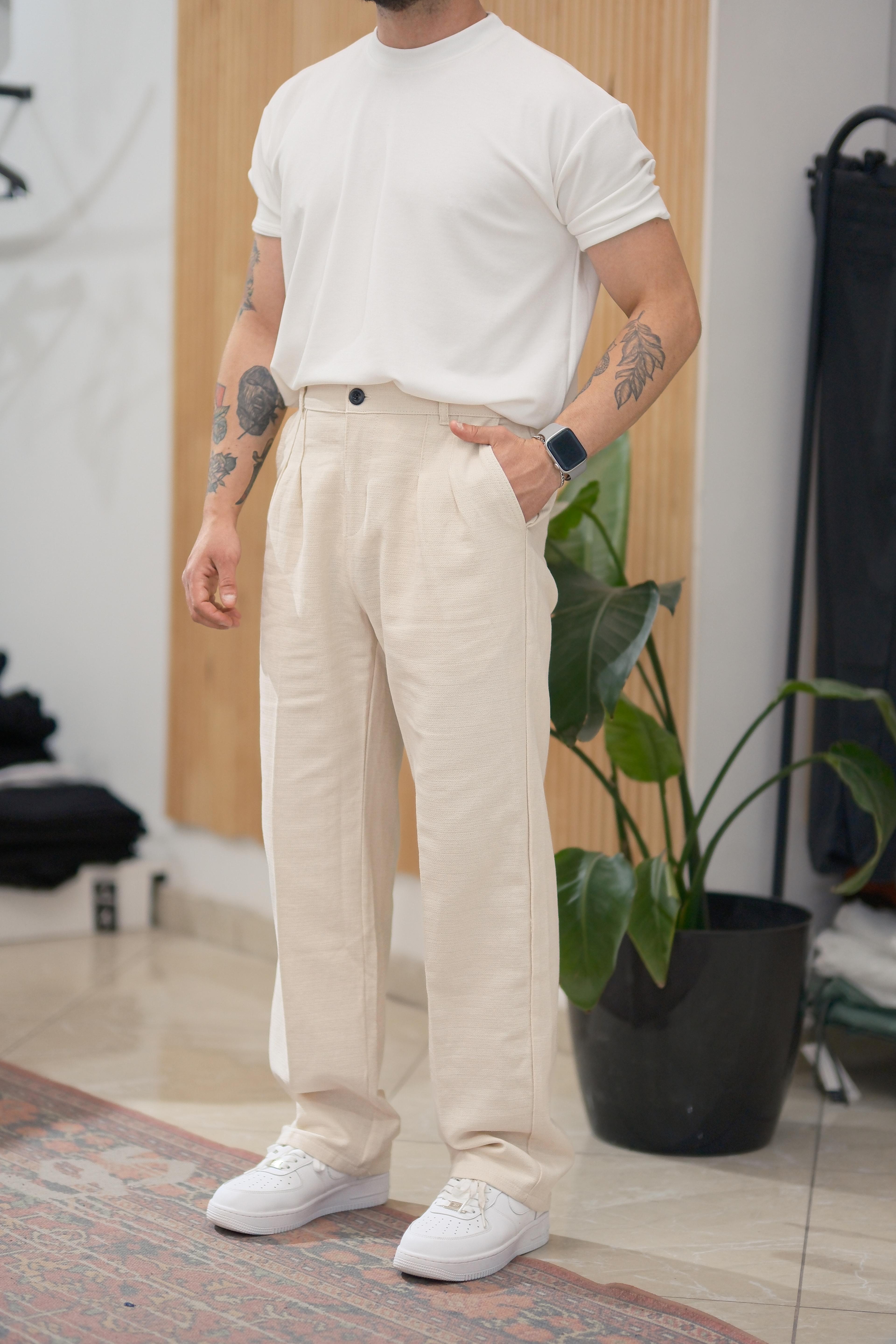 Bej Baggy Keten Pantolon 