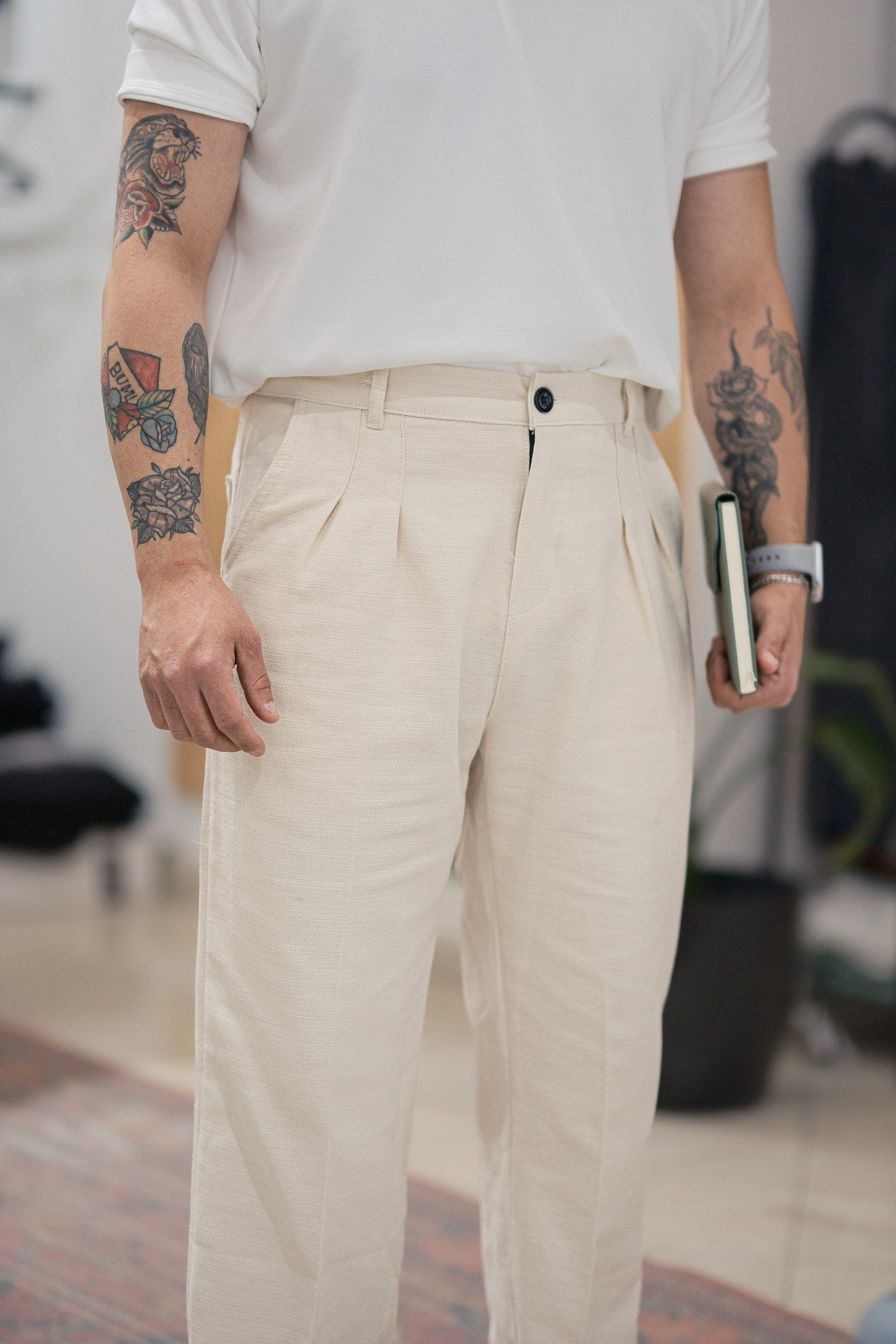 Bej Baggy Keten Pantolon 