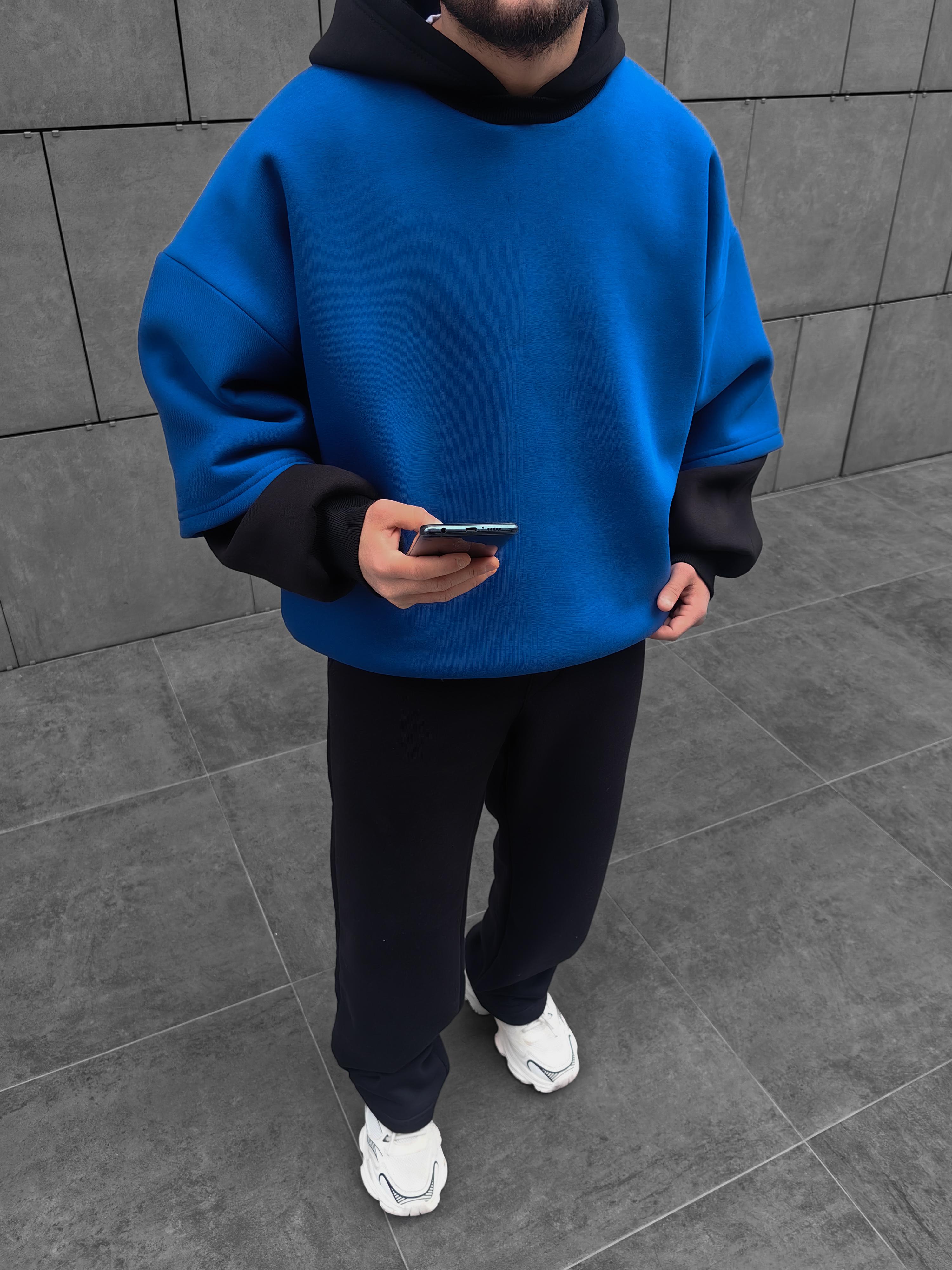 Sax Blue Çift Katlı Basic Extra Oversize Hoodie