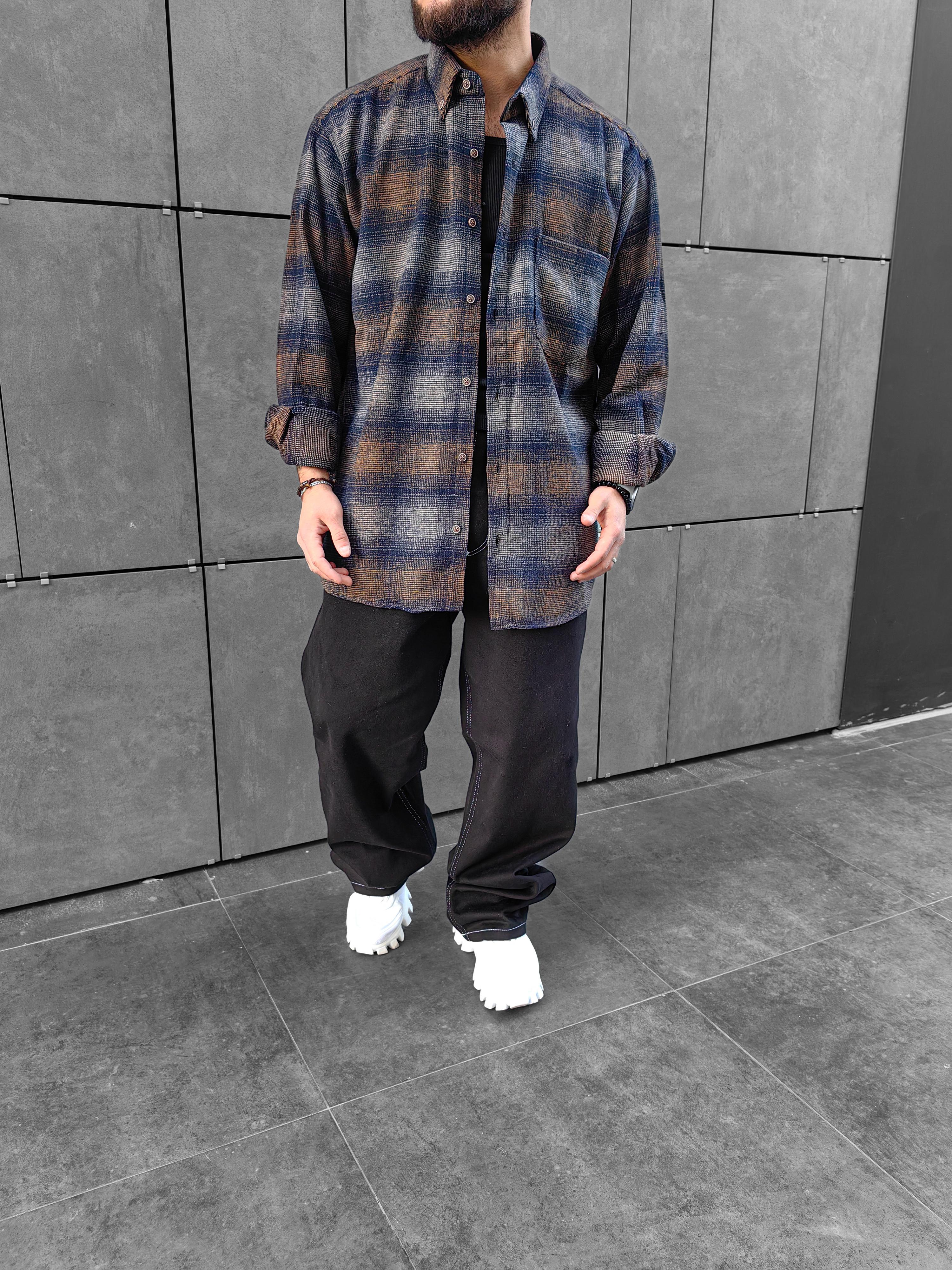 Kahve / Gri Oversize Oduncu Gömleği