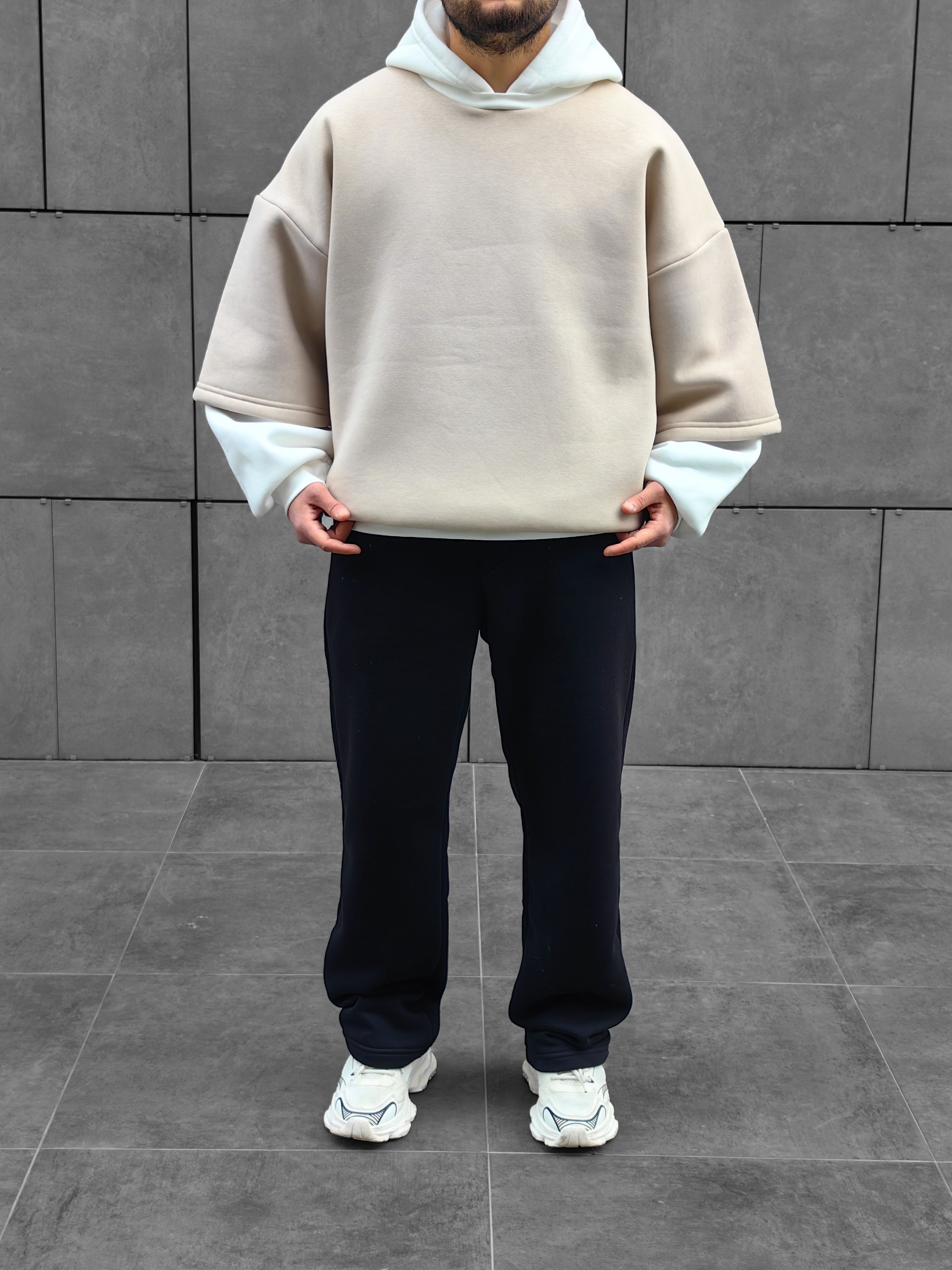 Bej Çift Katlı Basic Extra Oversize Hoodie