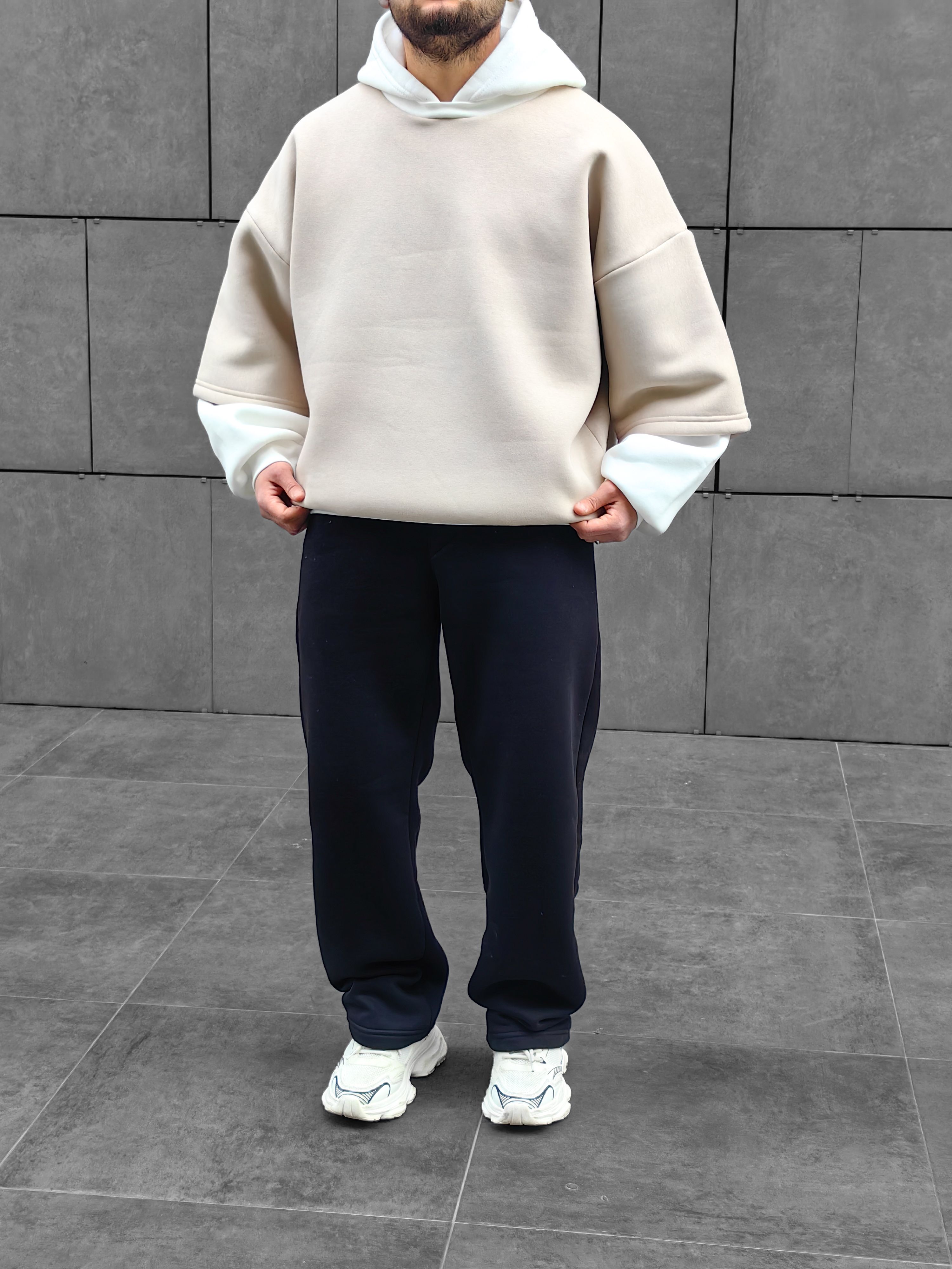 Bej Çift Katlı Basic Extra Oversize Hoodie