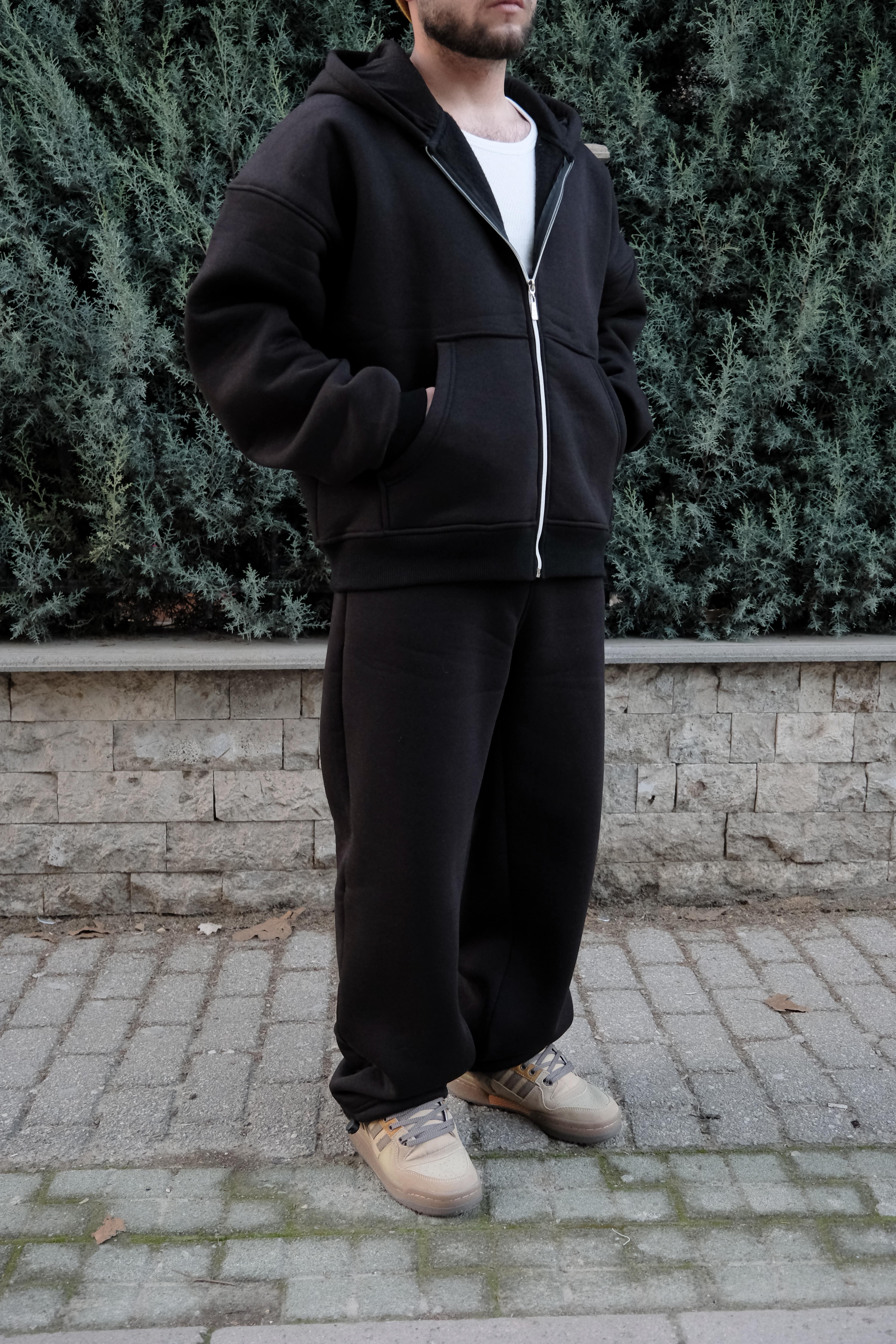 Boxy Fit Oversize Siyah Basic Ful Zip Hoodie 