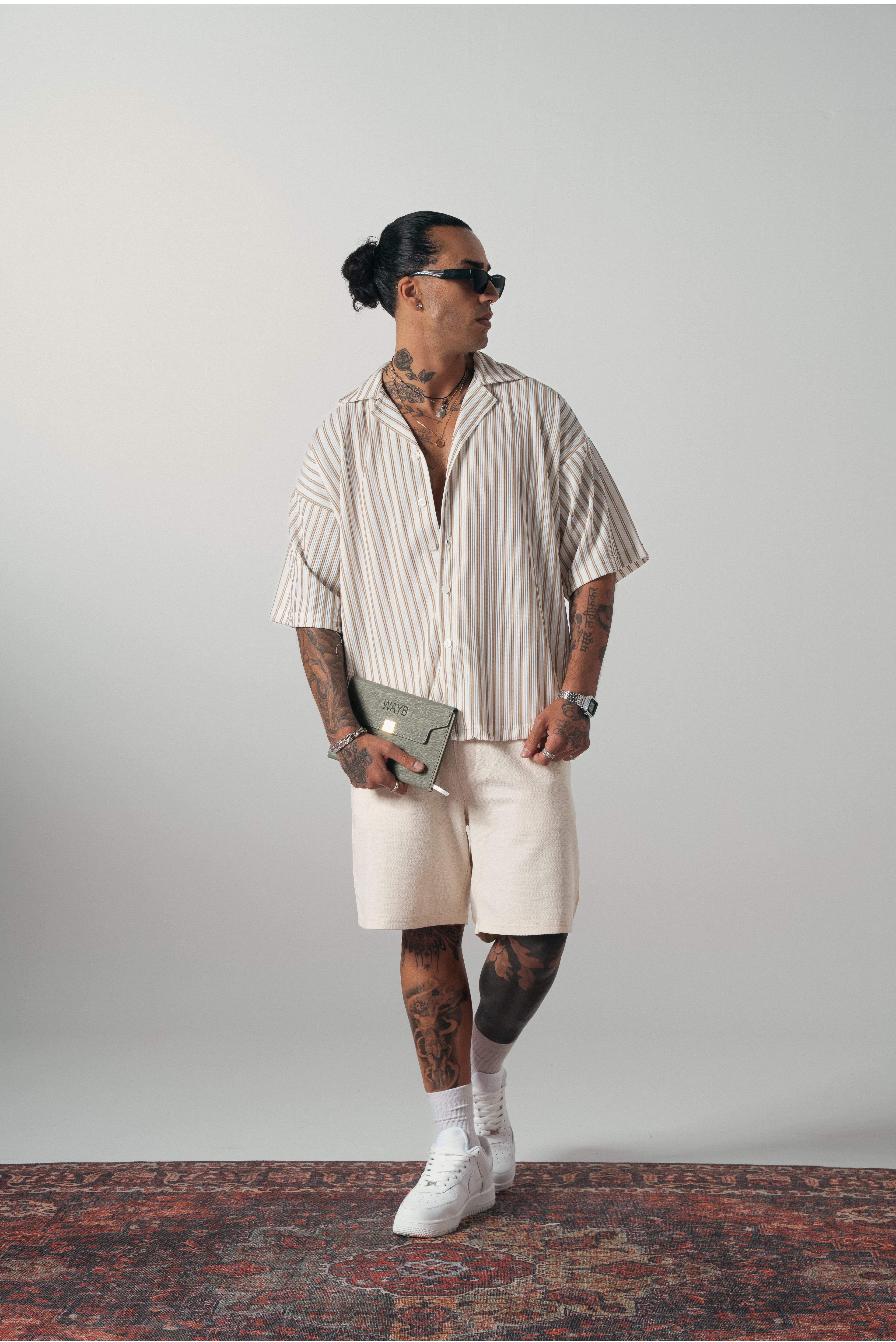 Bej/Beyaz Çizgili Extra Oversize Old Money Fitilli Gömlek