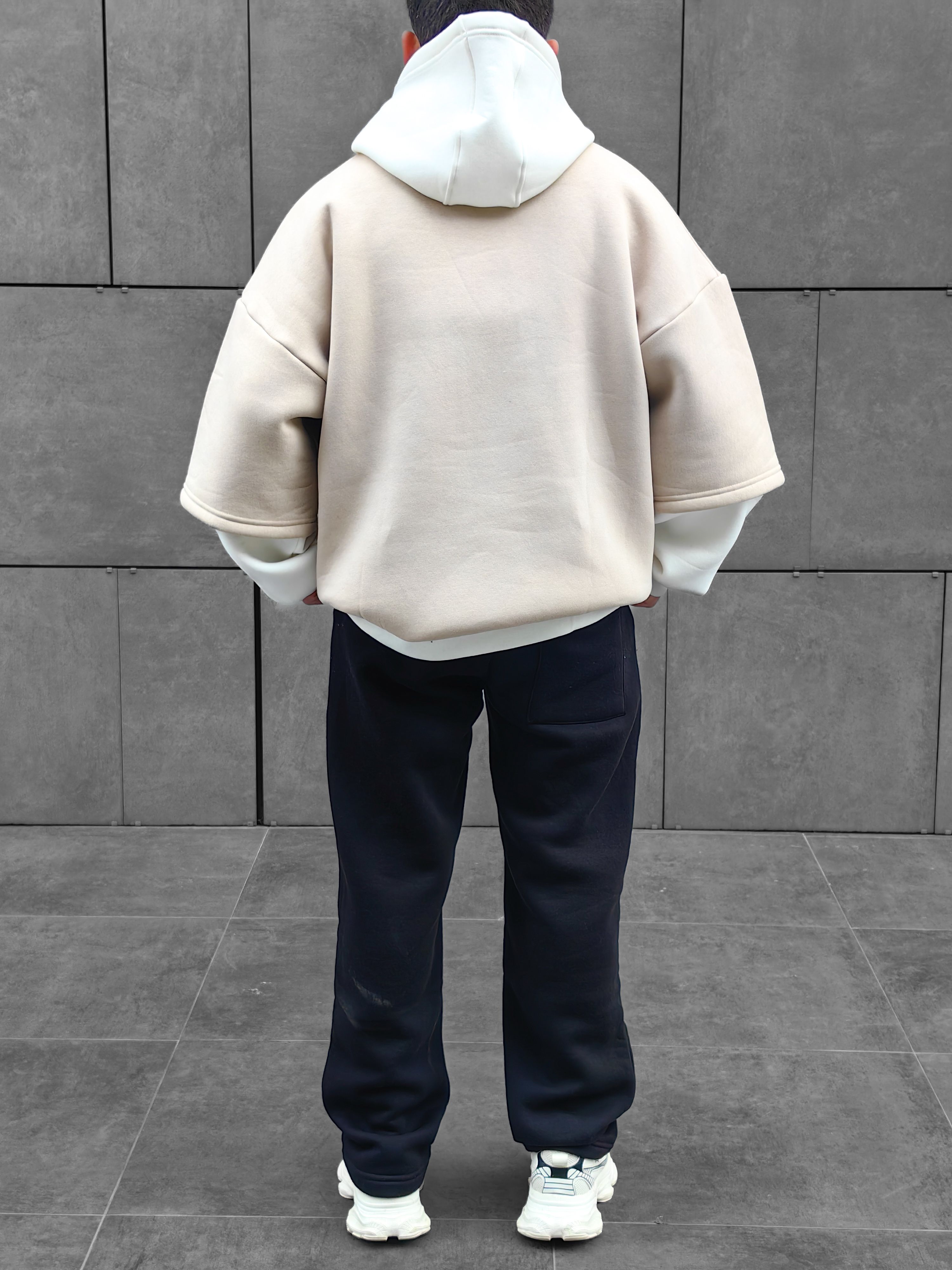 Bej Çift Katlı Basic Extra Oversize Hoodie