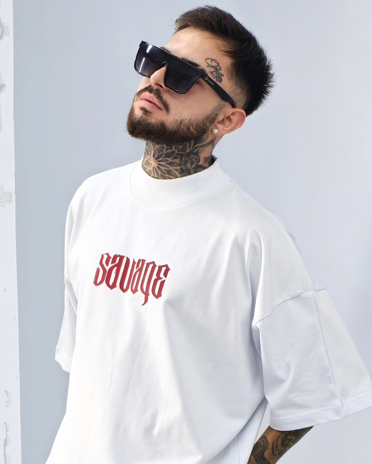 Savage Beyaz Boğazlı Extra Oversize Tshirt