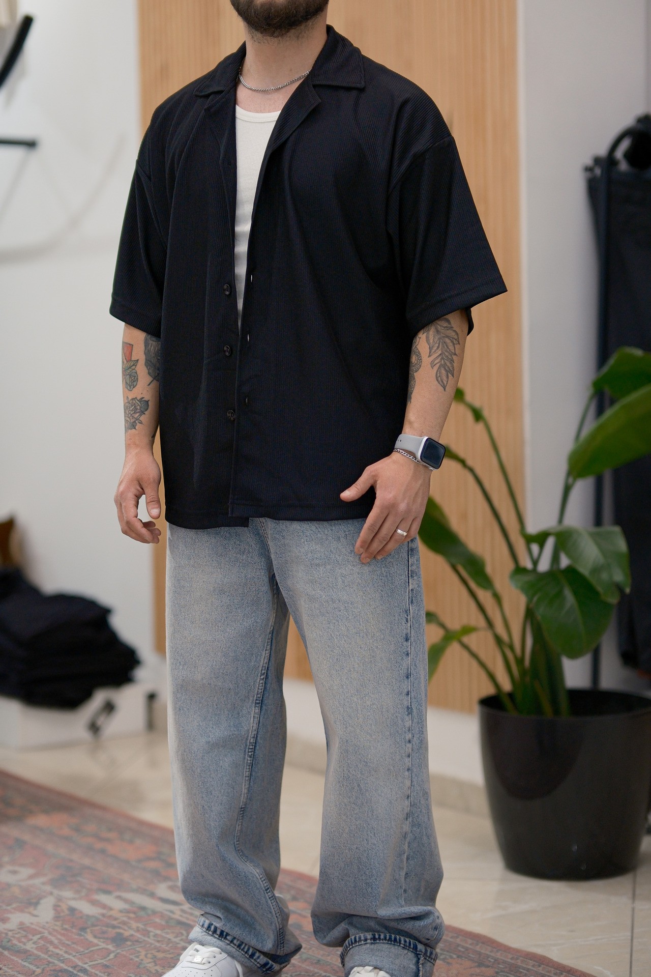 Siyah Fitilli Extra Oversize Old Money Gömlek 