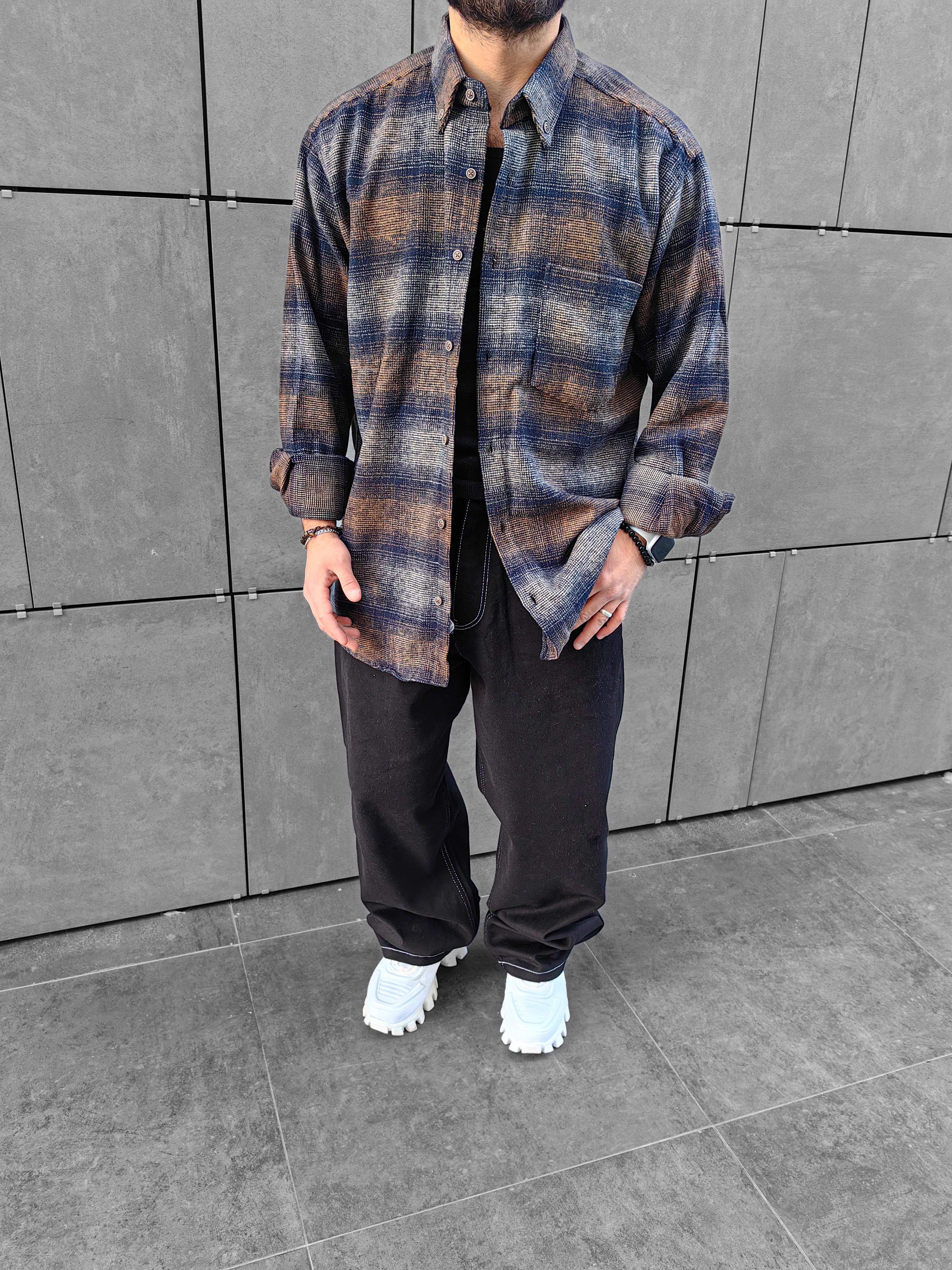 Kahve / Gri Oversize Oduncu Gömleği