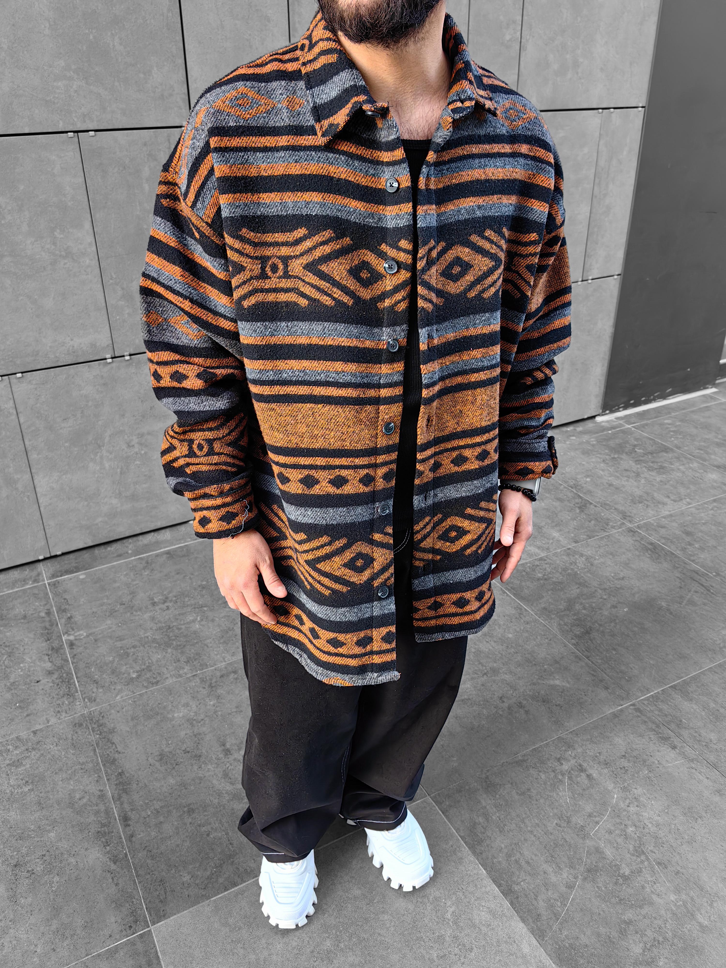 Kahverengi Desenli Extra Oversize Kaşe Gömlek