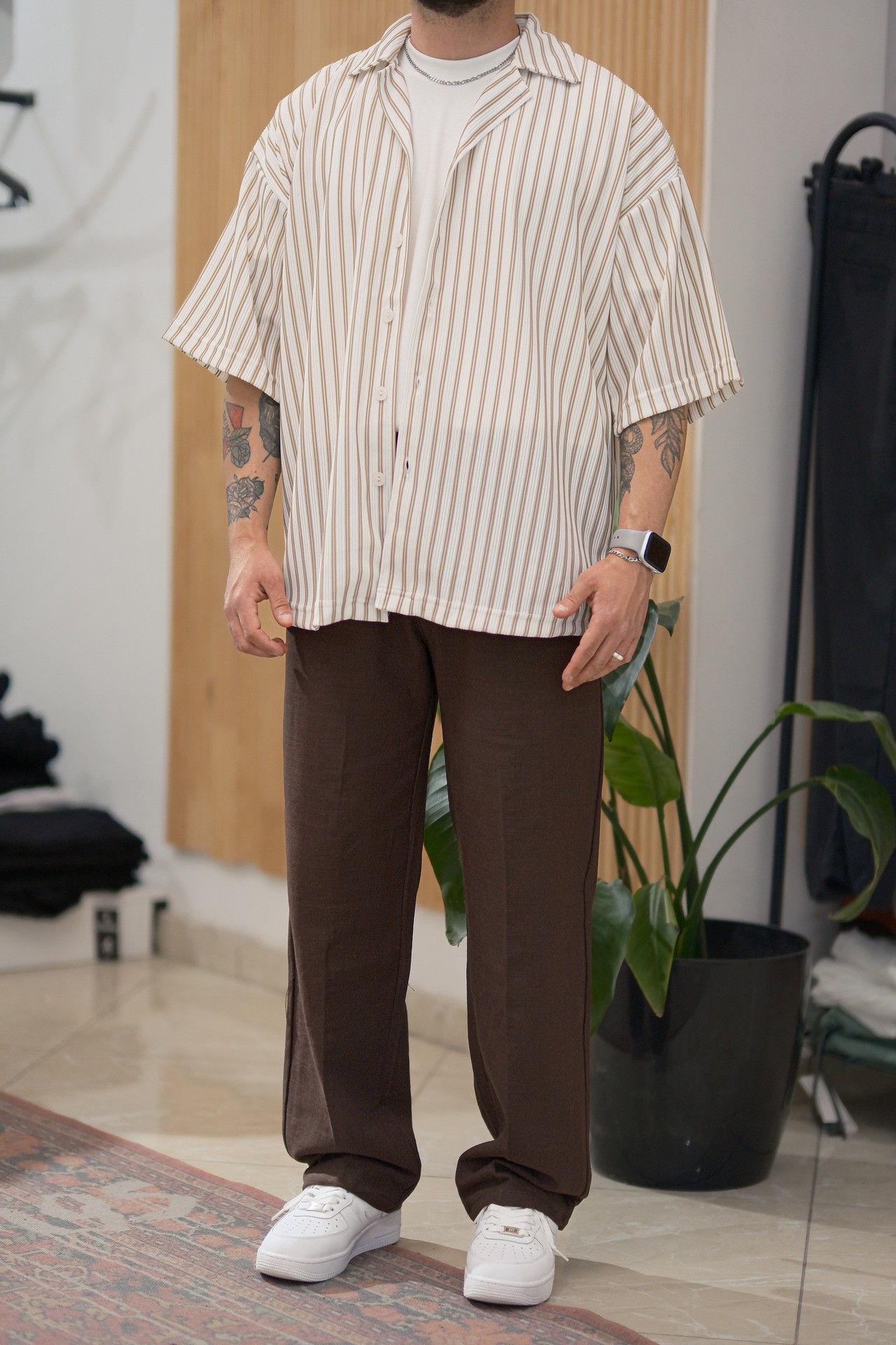 Bej/Beyaz Çizgili Extra Oversize Old Money Fitilli Gömlek