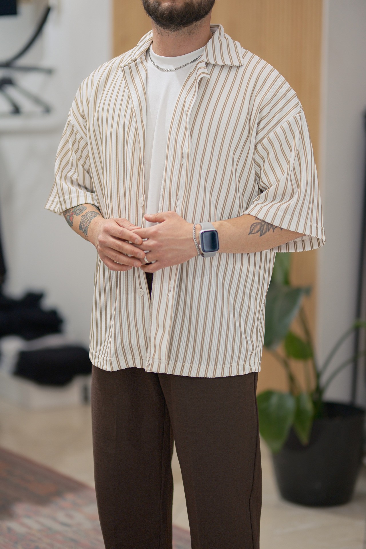 Bej/Beyaz Çizgili Extra Oversize Old Money Fitilli Gömlek